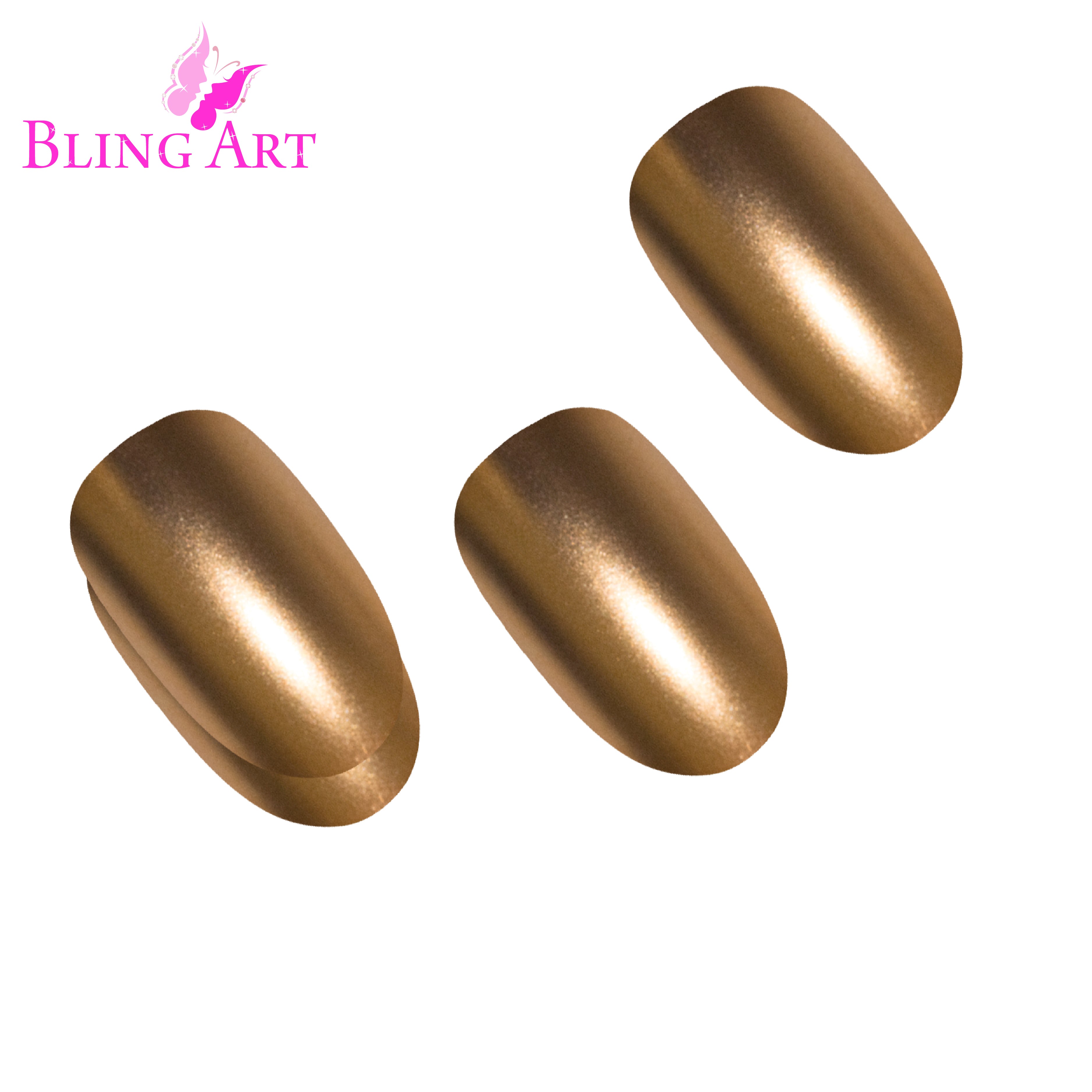 Gold matte metallic oval Bling Art press-on nails — worn-hand close-up showing champagne-gold chrome with velvet matte texture on oval tips.