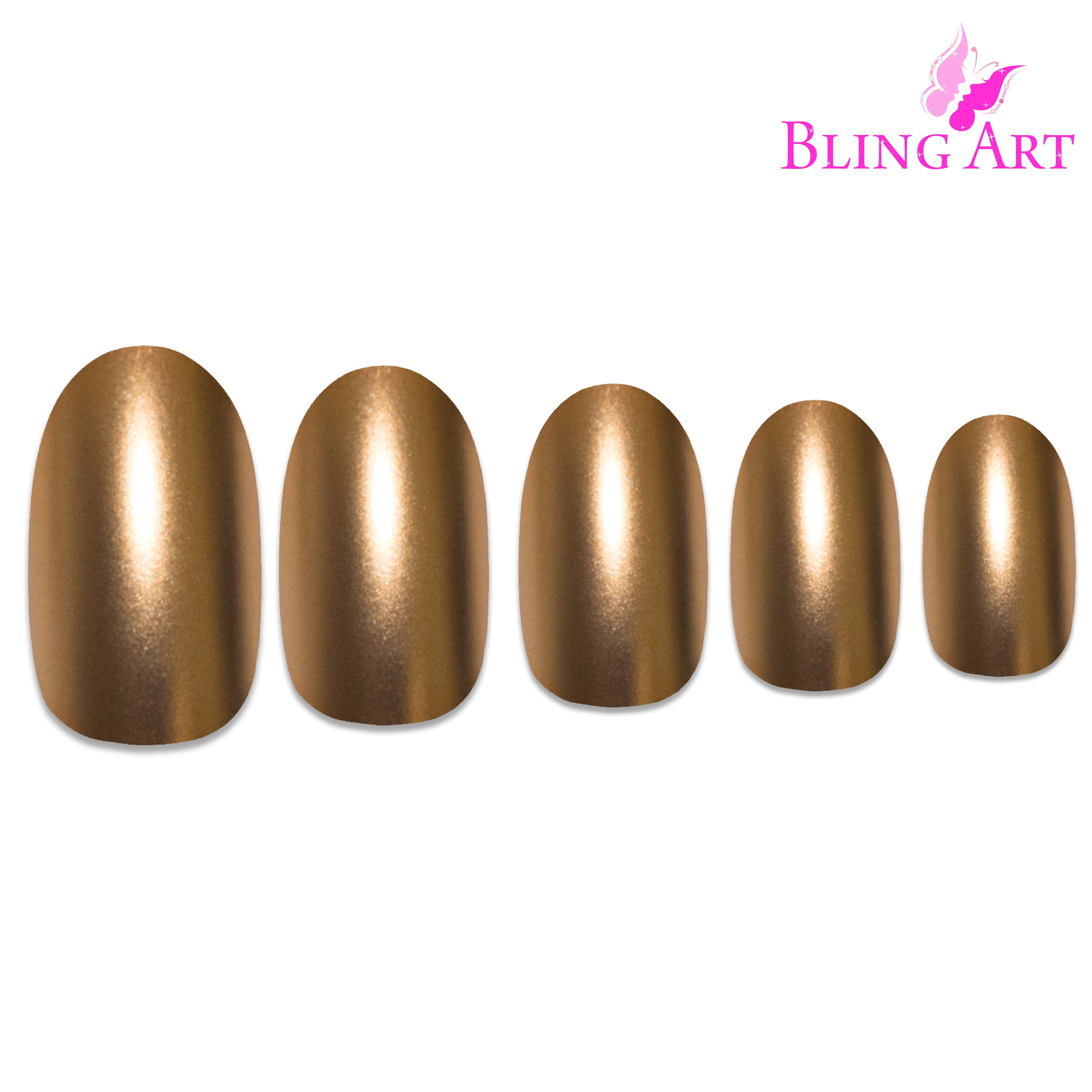 Gold matte metallic oval Bling Art press-on nails — alternative angle revealing the bond line on the oval shape.