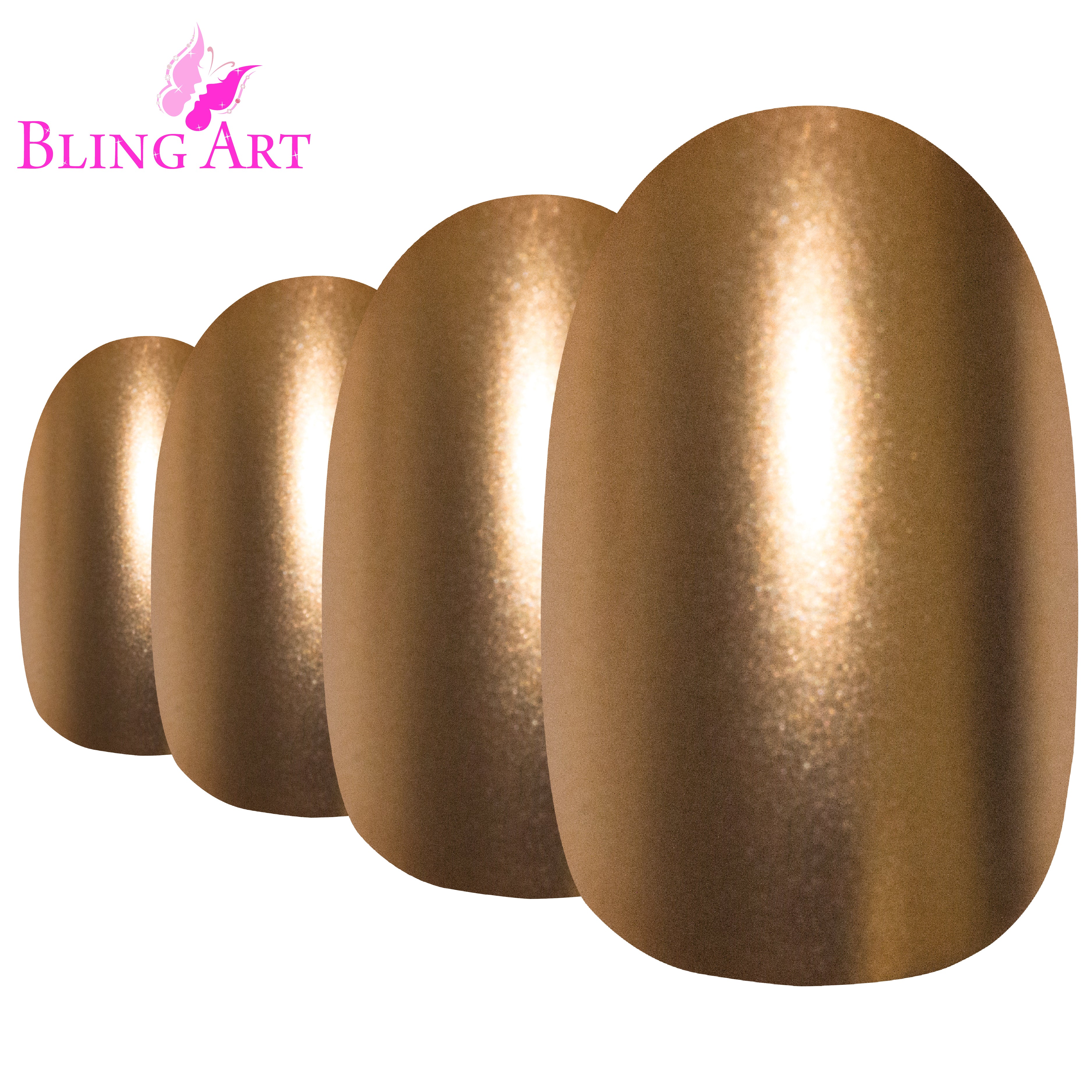 Bling Art Gold matte metallic oval press-on nail set packaging — 24 nails, 12 sizes XS-XXL, file and cuticle stick included. Glue not included.