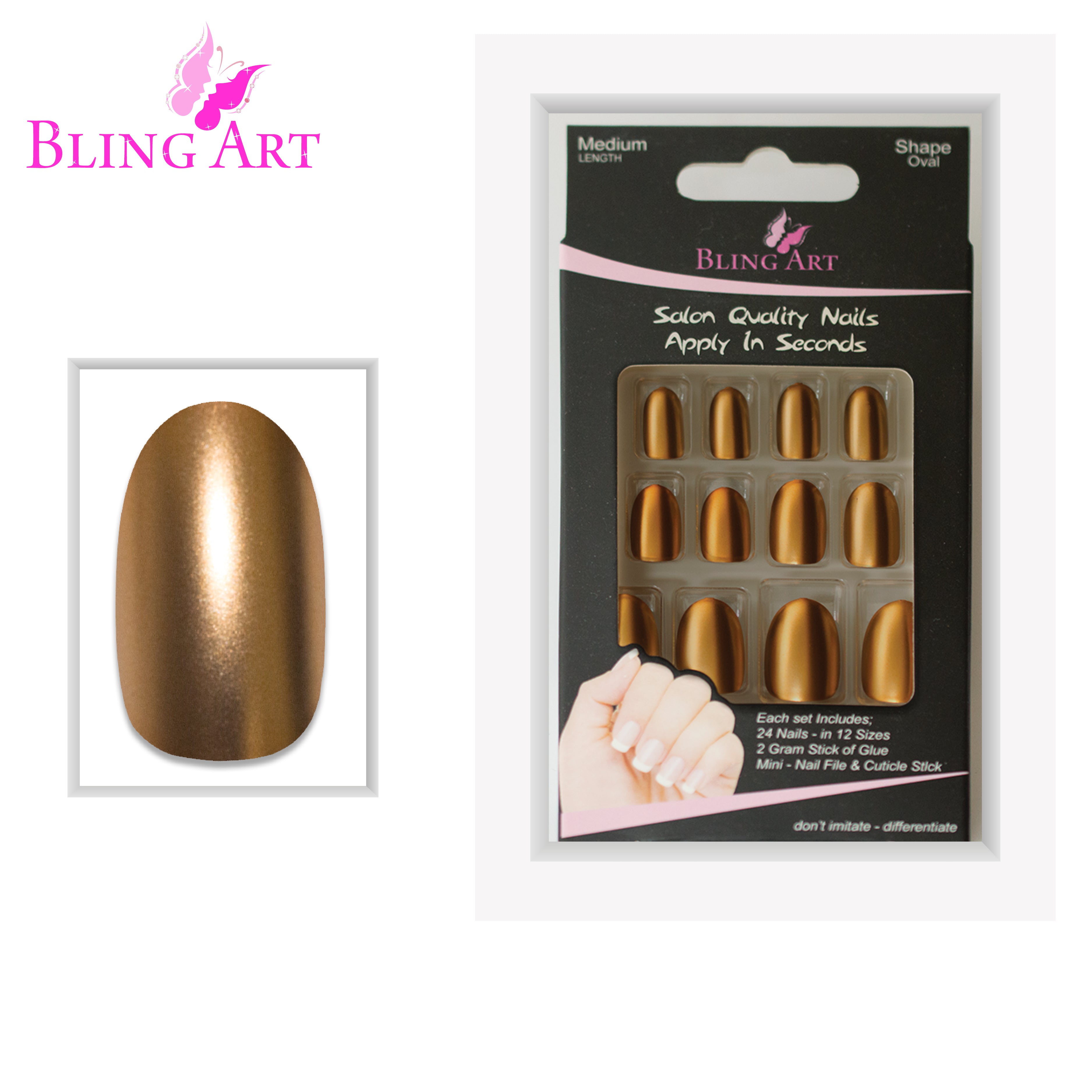 Gold matte metallic oval Bling Art press-on nails — full-hand reveal showing all 24 nails across five fingers for weddings and Christmas.