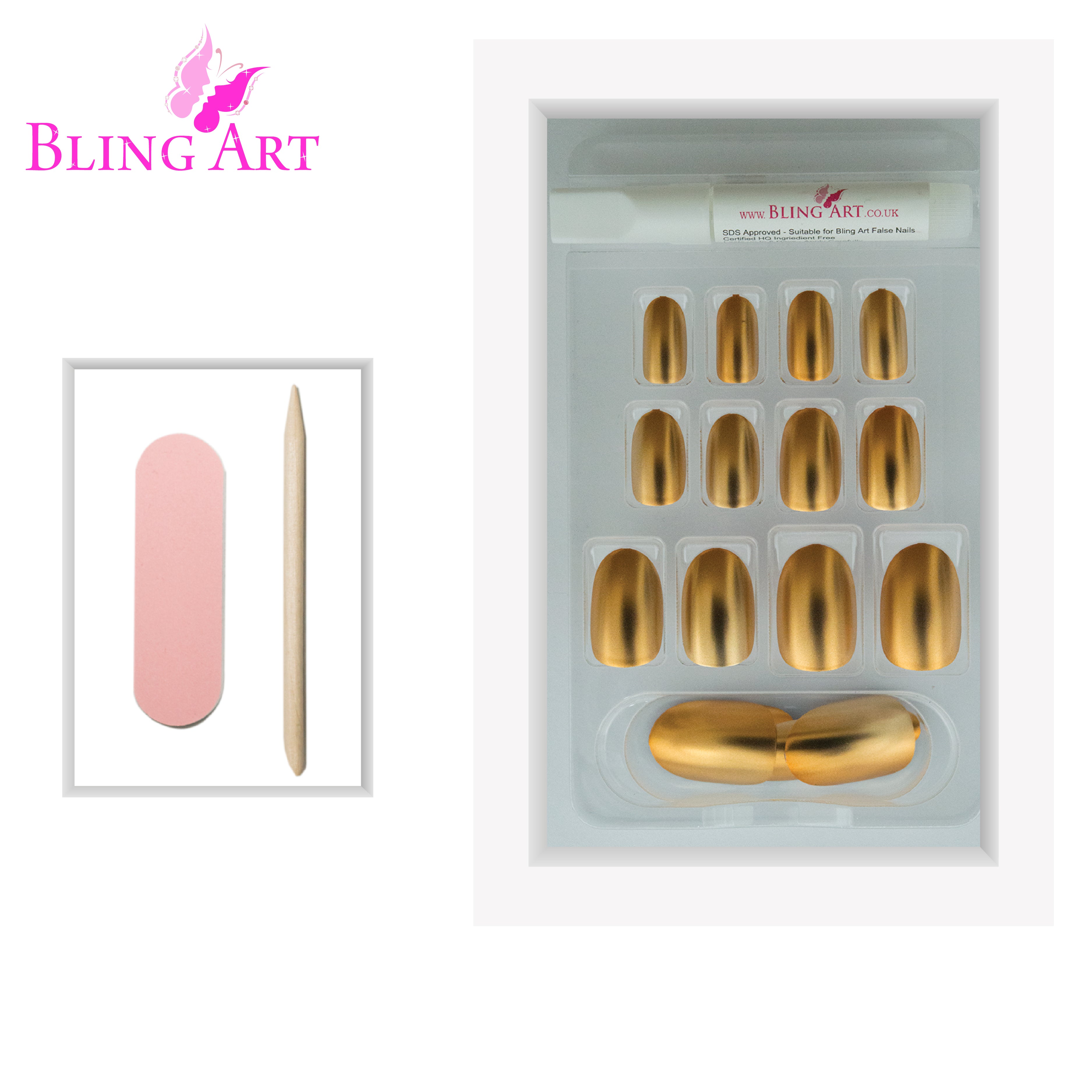 Gold matte metallic oval Bling Art press-on nails — lifestyle context shot showing the champagne-gold chrome-matte finish.