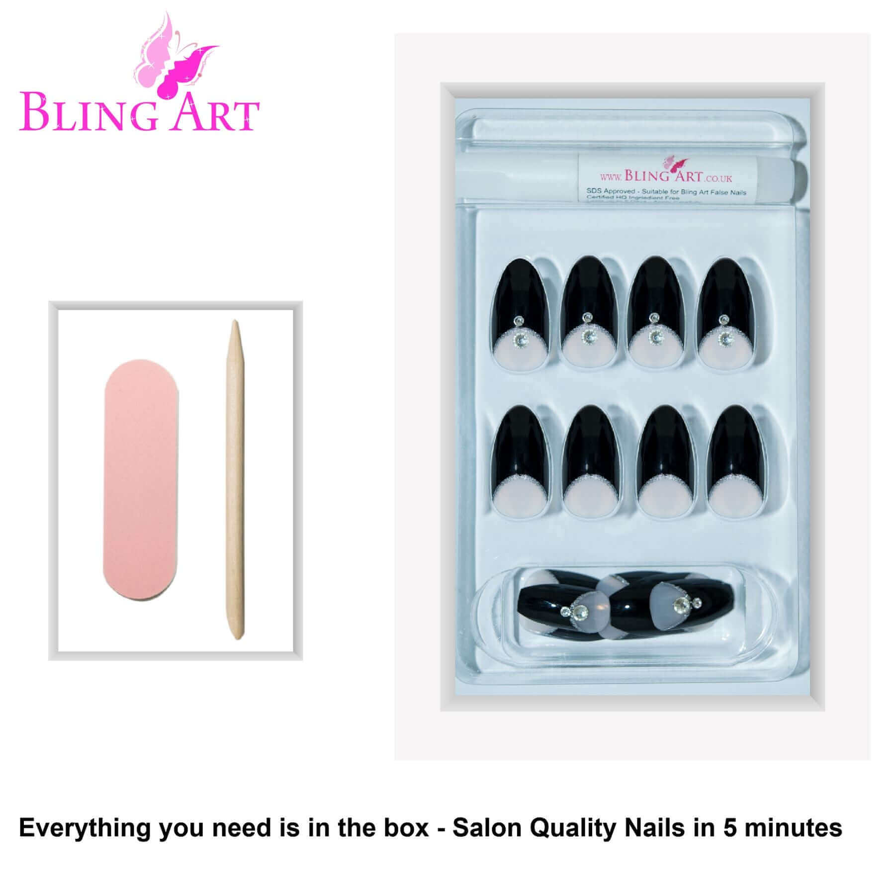 False Nails Bling Art Black Glitter Almond Stiletto Long Fake Acrylic Tips & Glue