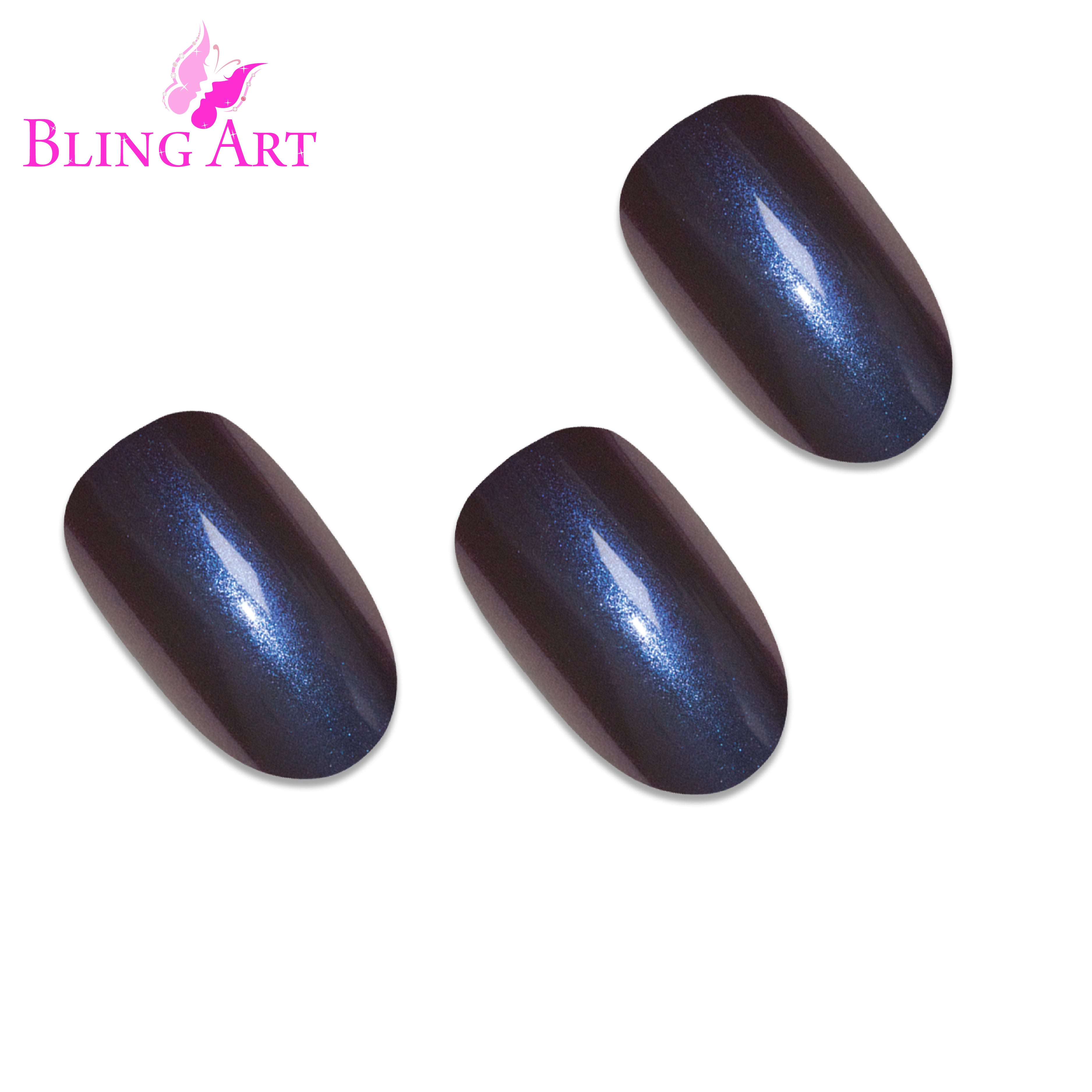 Blue Purple chameleon oval Bling Art press-on nails — worn-hand close-up showing the colour-shifting blue-to-purple effect on medium-length oval tips.