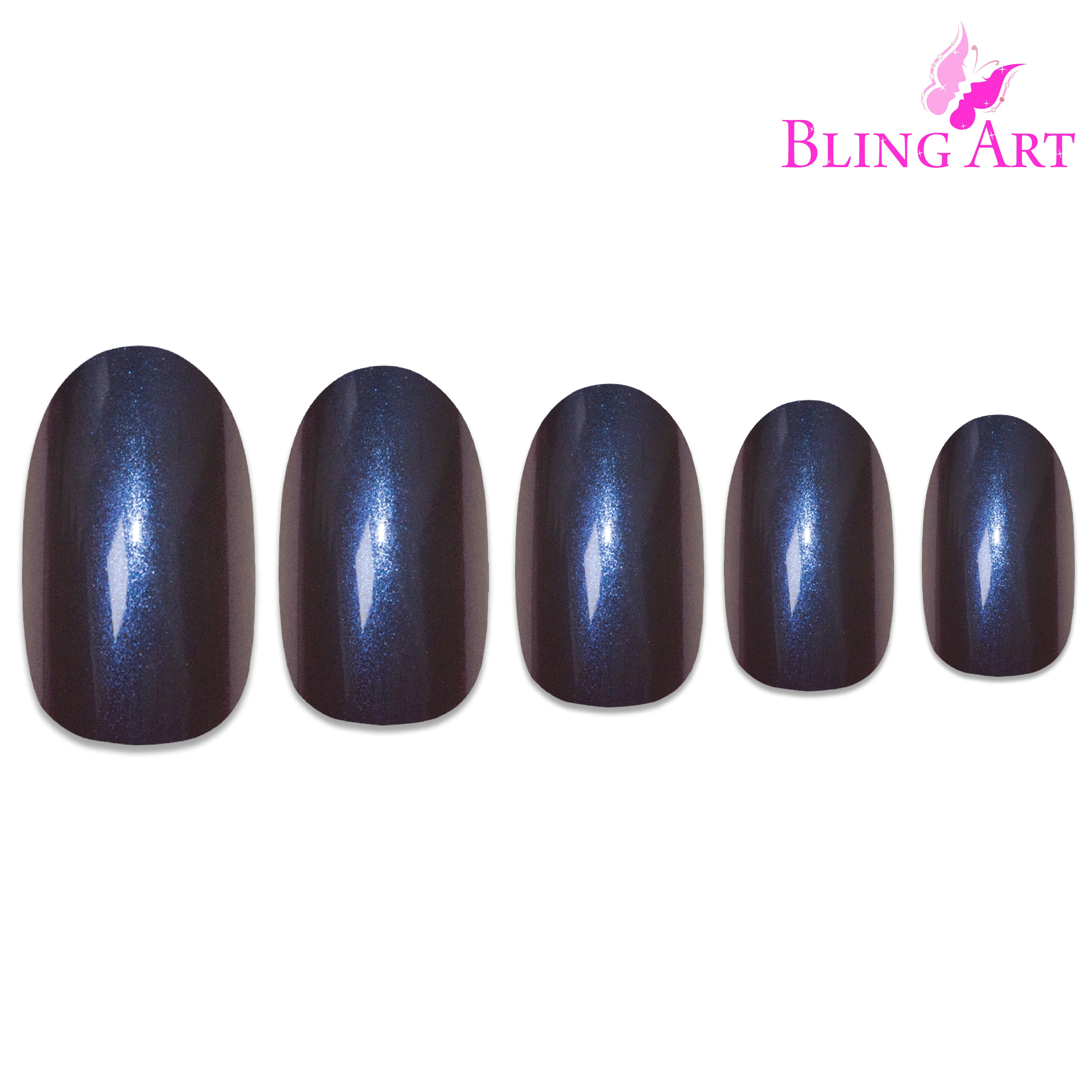Blue Purple chameleon oval Bling Art press-on nails — alternative angle revealing the chameleon shift on the oval shape.