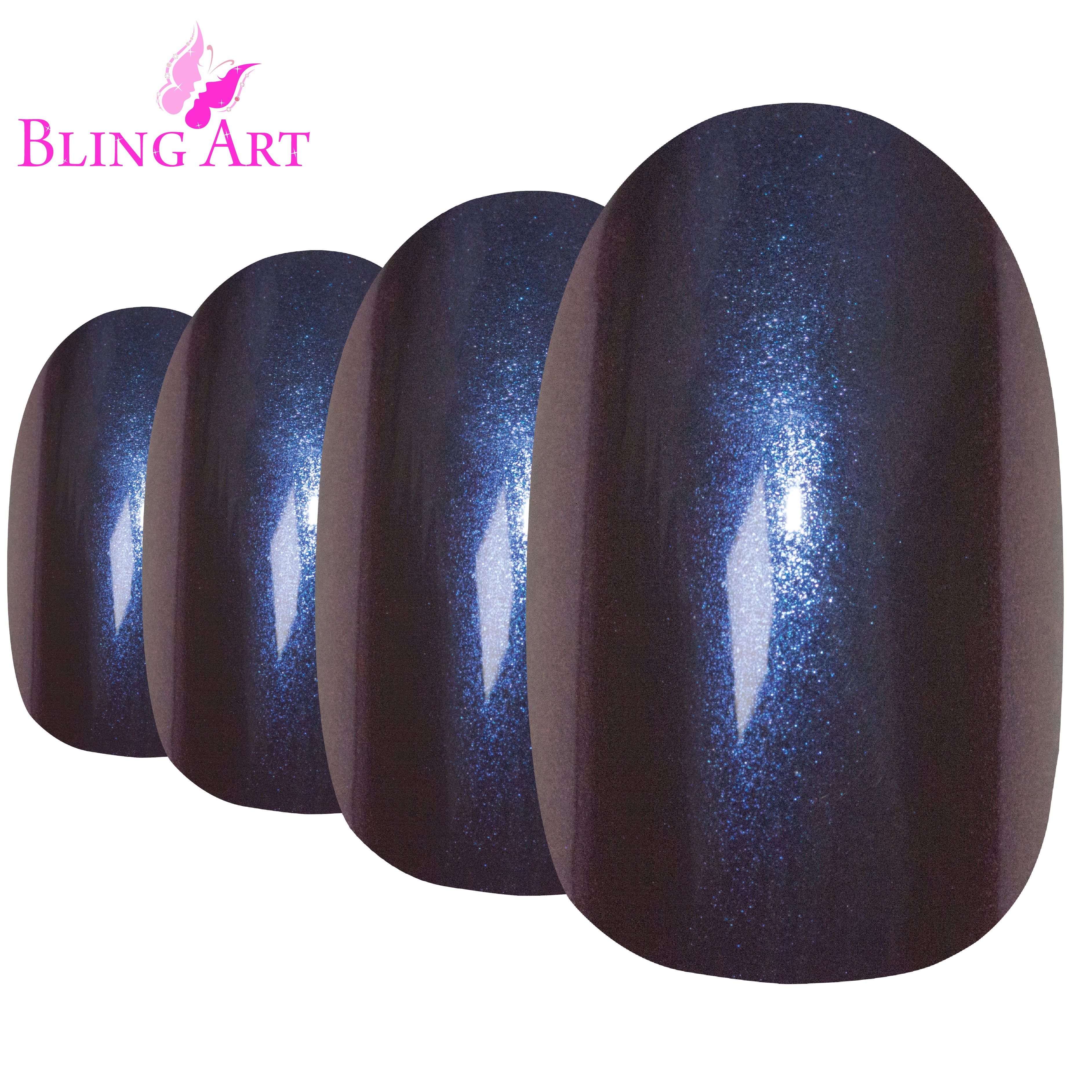 Bling Art Blue Purple chameleon oval press-on nail set packaging — 24 nails, 12 sizes XS-XXL, file and cuticle stick included. Glue not included.