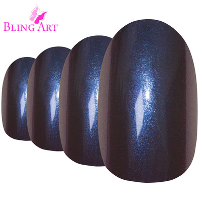 Colour-shifting blue-purple chameleon oval-shaped press-on false nails by Bling Art — bold trend-led statement for festivals, parties, and editorial looks · colour-shifting chameleon effect · medium-length oval tips · 24 nails per set with adhesive · designed in Yorkshire