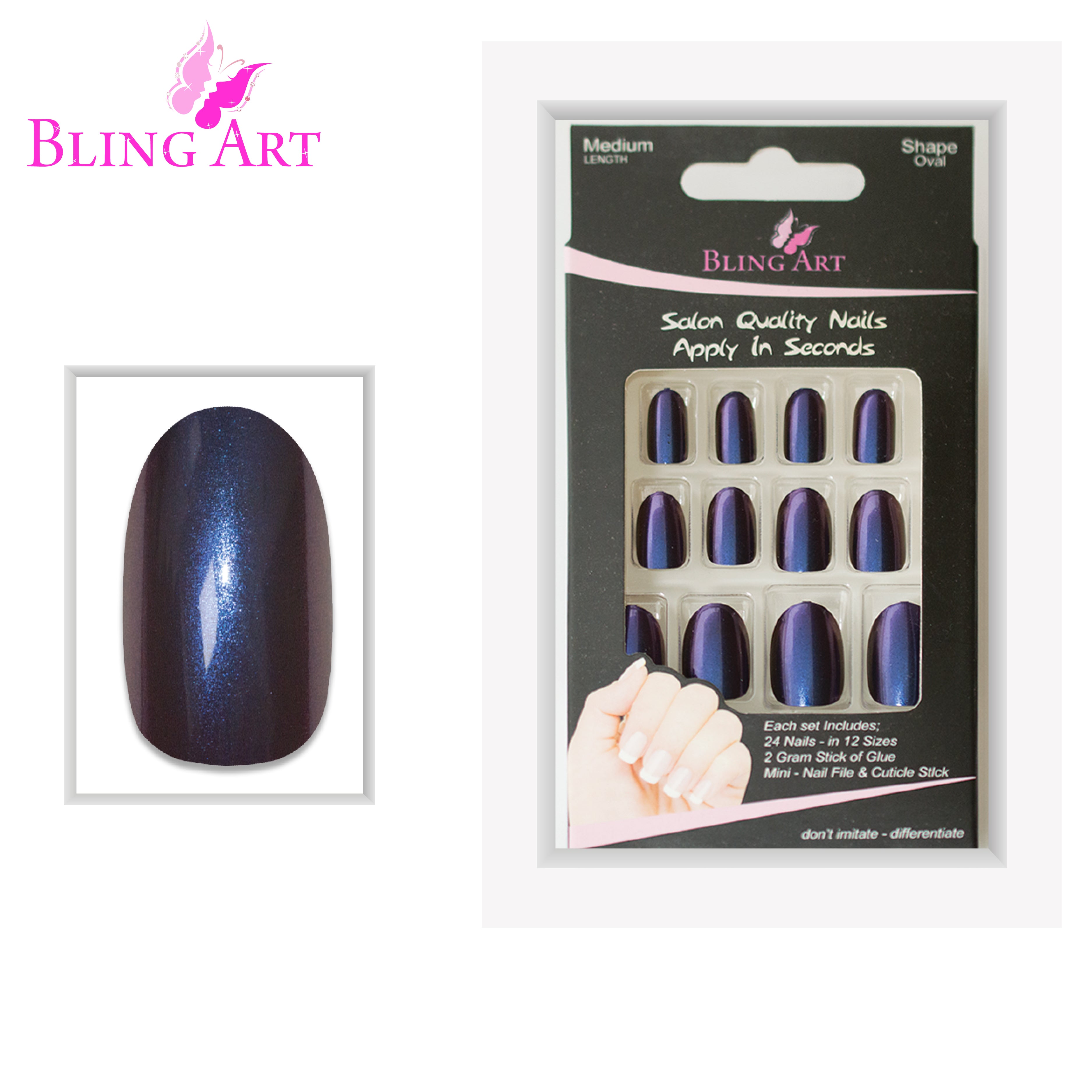 Blue Purple chameleon oval Bling Art press-on nails — full-hand reveal showing all 24 nails for festivals and editorial events.