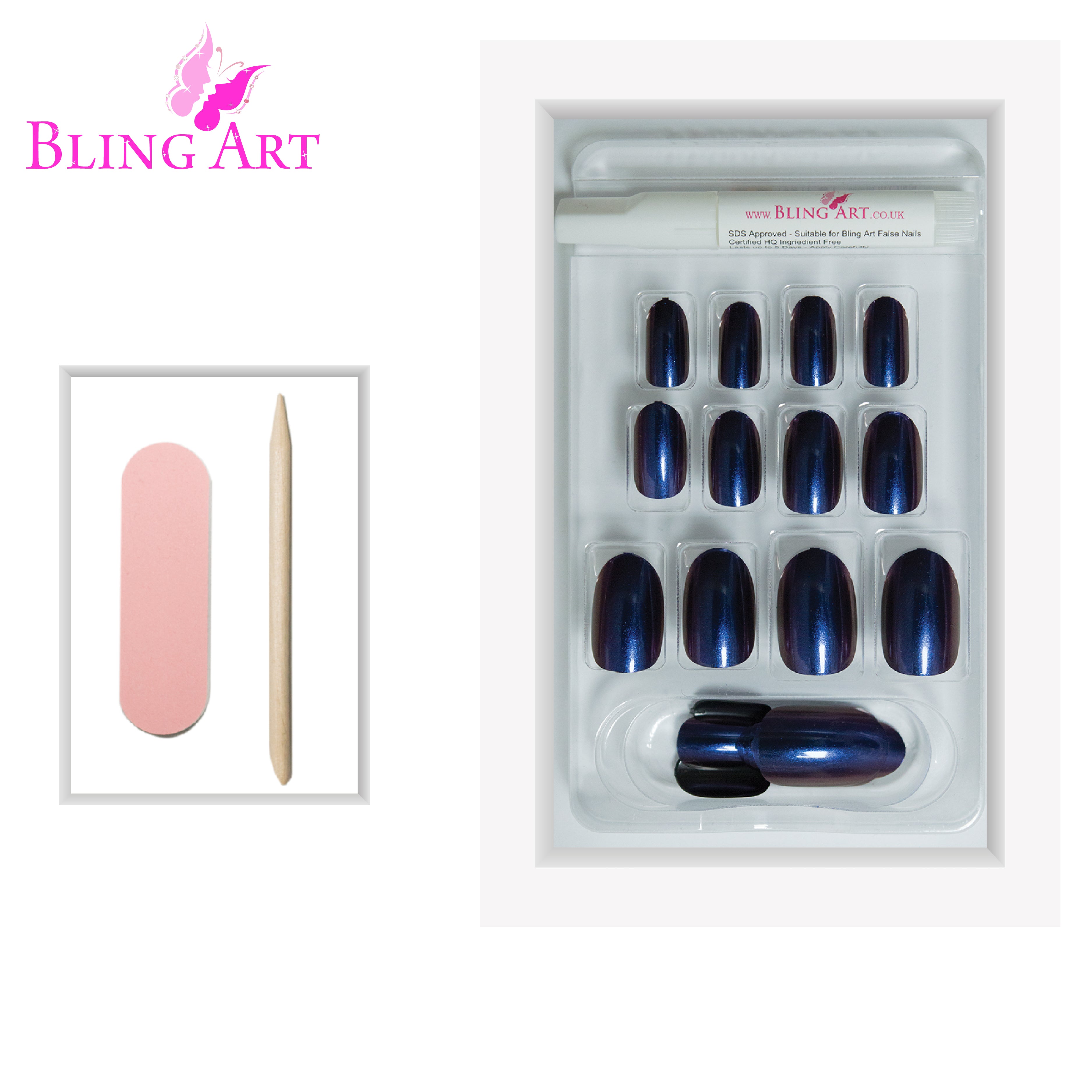 Blue Purple chameleon oval Bling Art press-on nails — lifestyle context shot showing the bold colour-shifting effect.