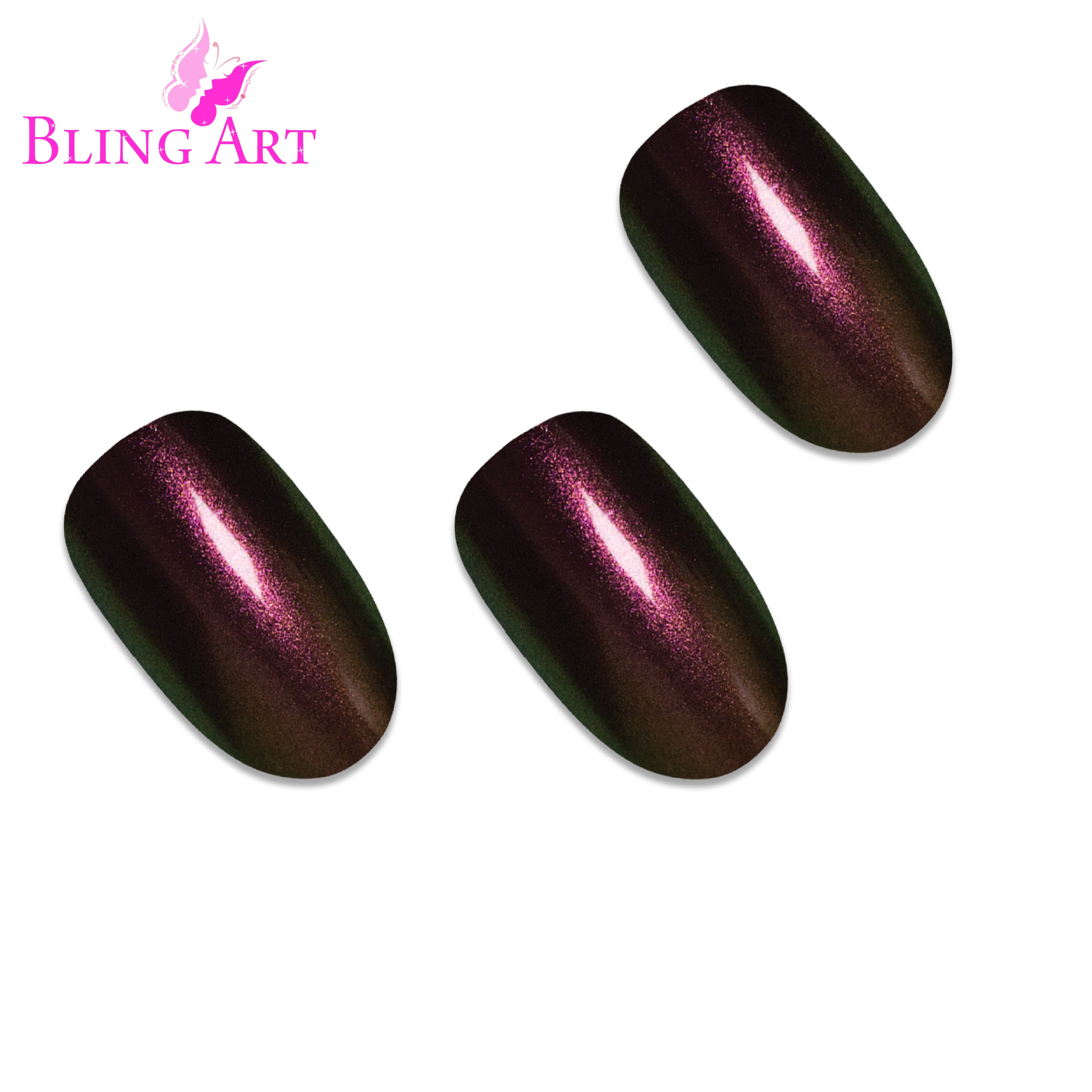 Gold Green chameleon oval Bling Art press-on nails — worn-hand close-up showing the colour-shifting gold-to-green effect on medium-length oval tips.