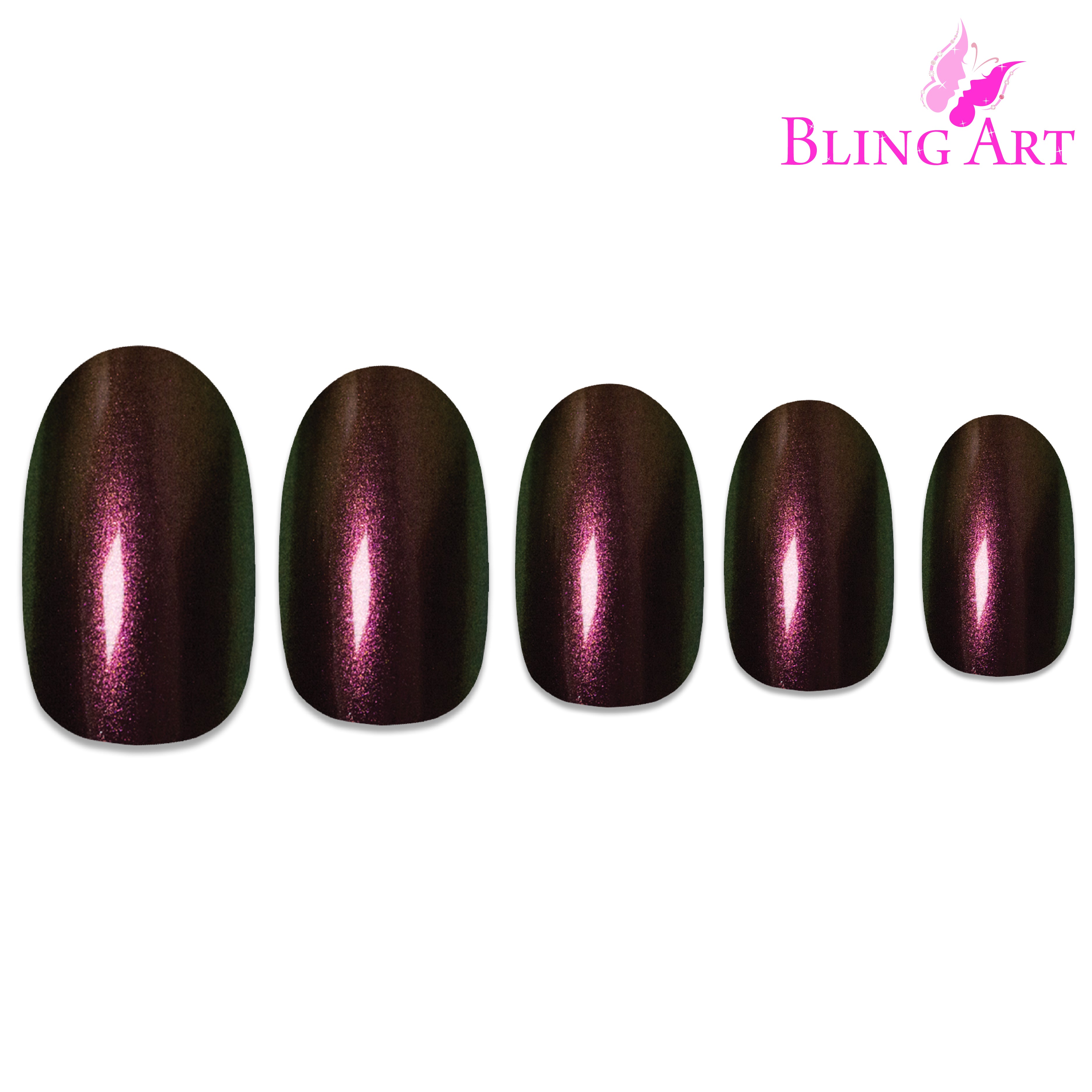 Gold Green chameleon oval Bling Art press-on nails — alternative angle revealing the chameleon shift on the oval shape.