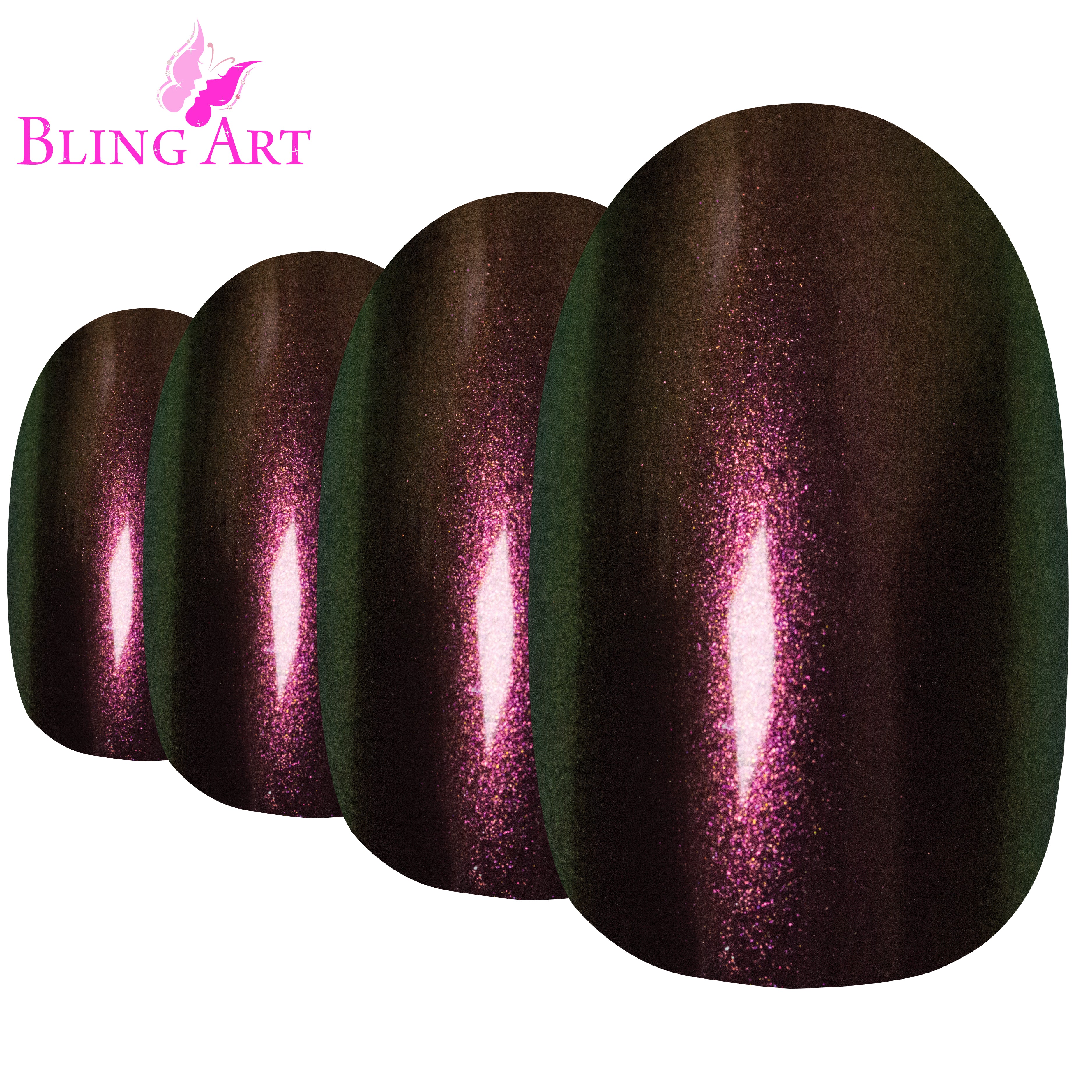 Bling Art Gold Green chameleon oval press-on nail set packaging — 24 nails, 12 sizes XS-XXL, file and cuticle stick included. Glue not included.