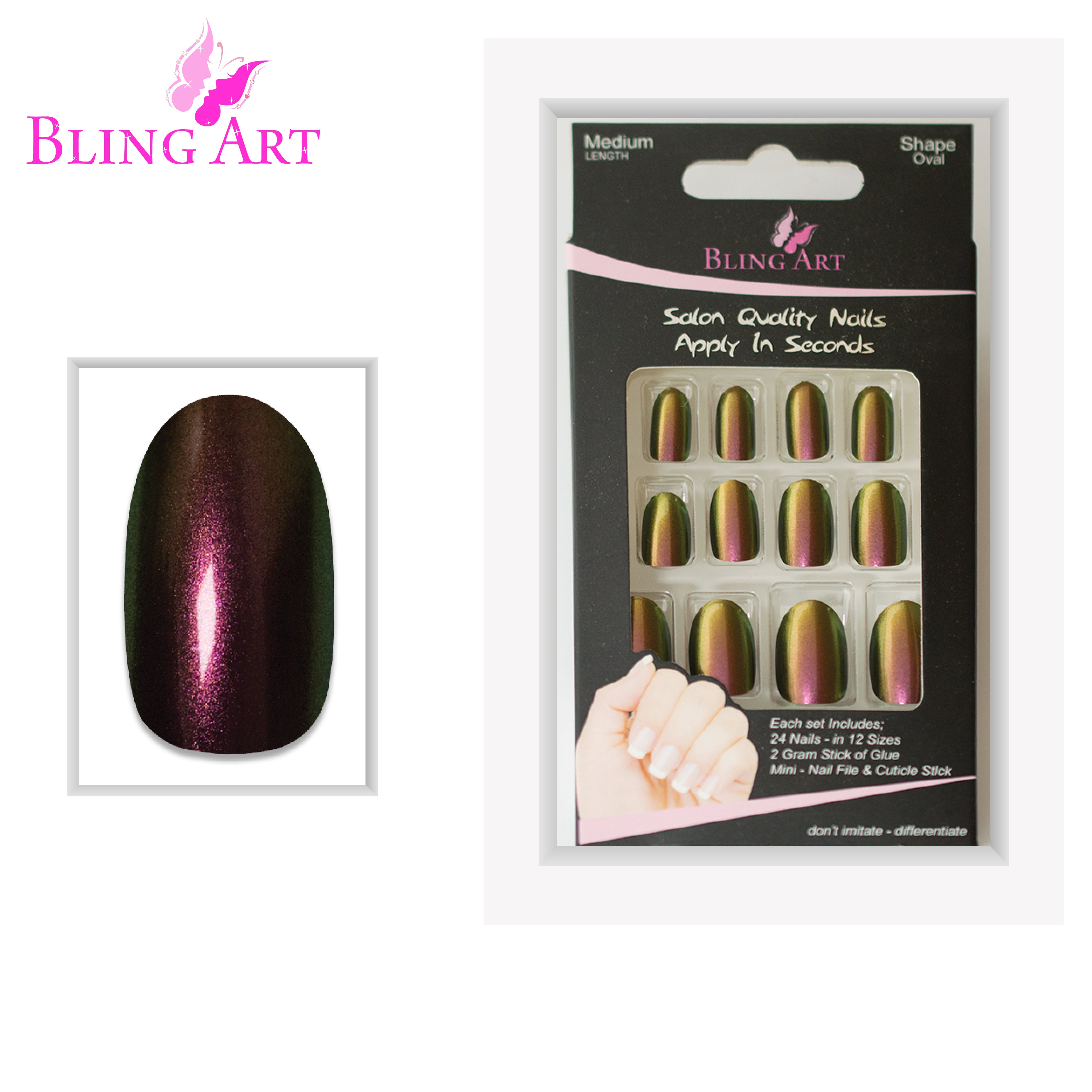 Gold Green chameleon oval Bling Art press-on nails — full-hand reveal showing all 24 nails for festivals and editorial events.