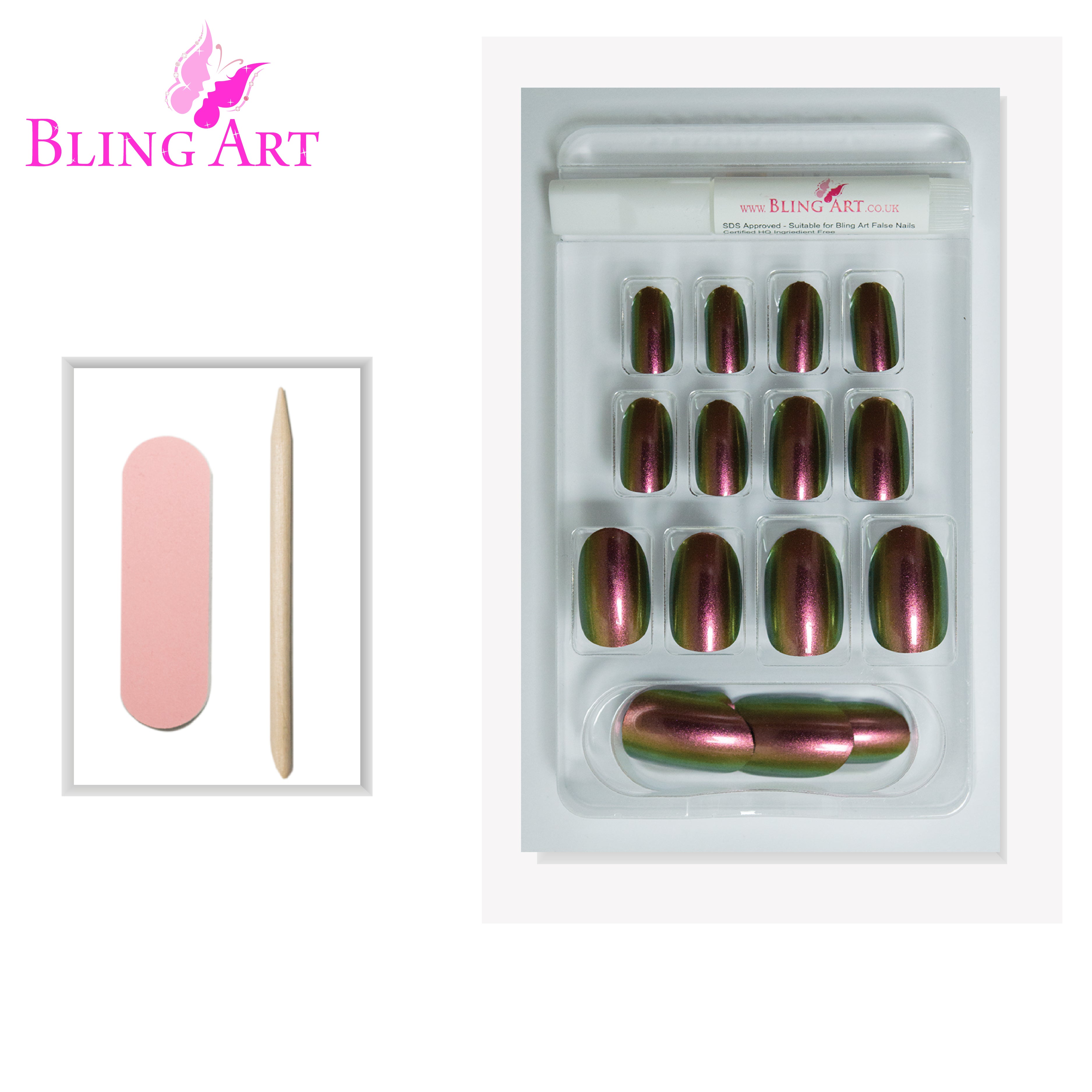 Gold Green chameleon oval Bling Art press-on nails — lifestyle context shot showing the bold colour-shifting effect.