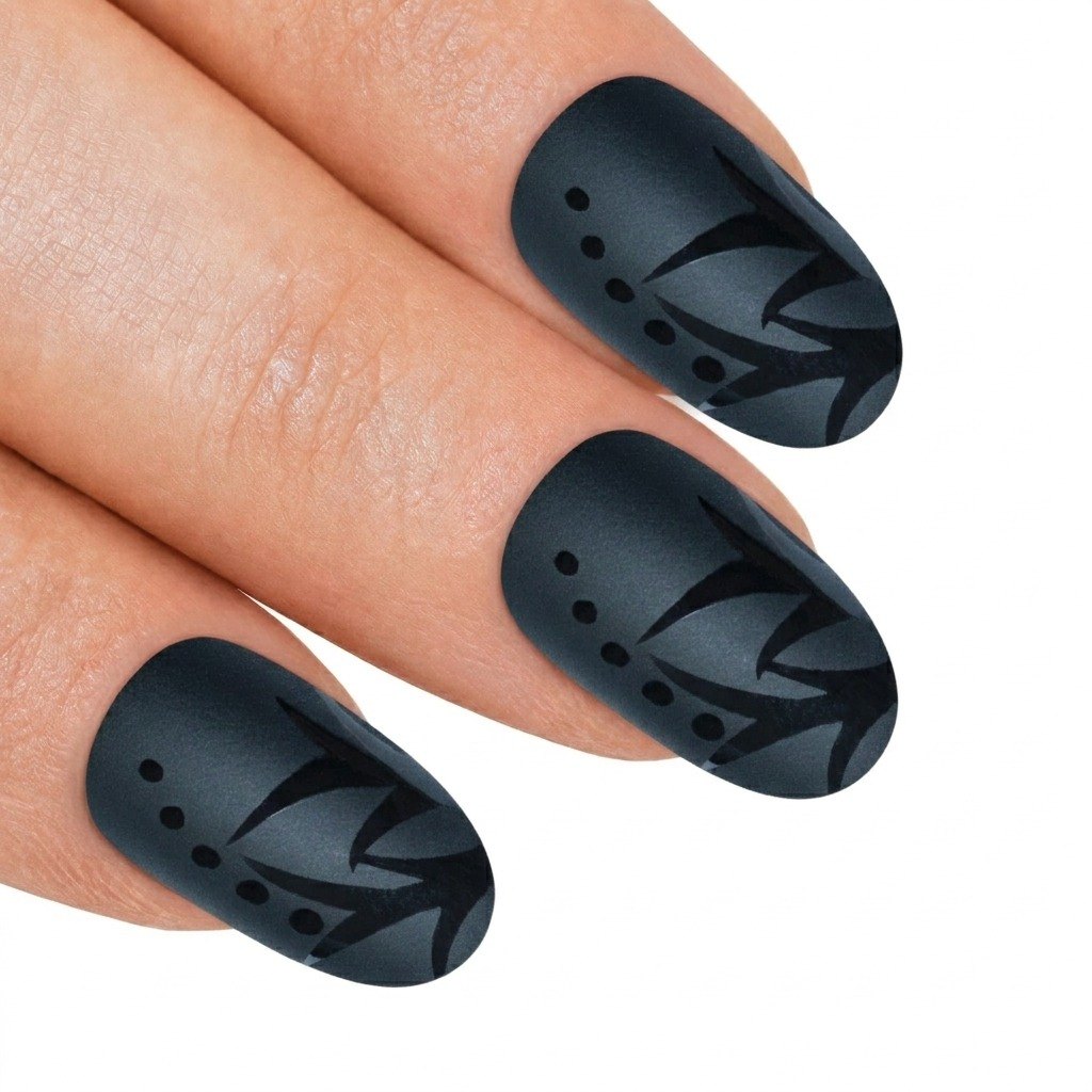 False Nails by Bling Art Black Leaf Matte Oval Medium Fake Acrylic Nail Tips