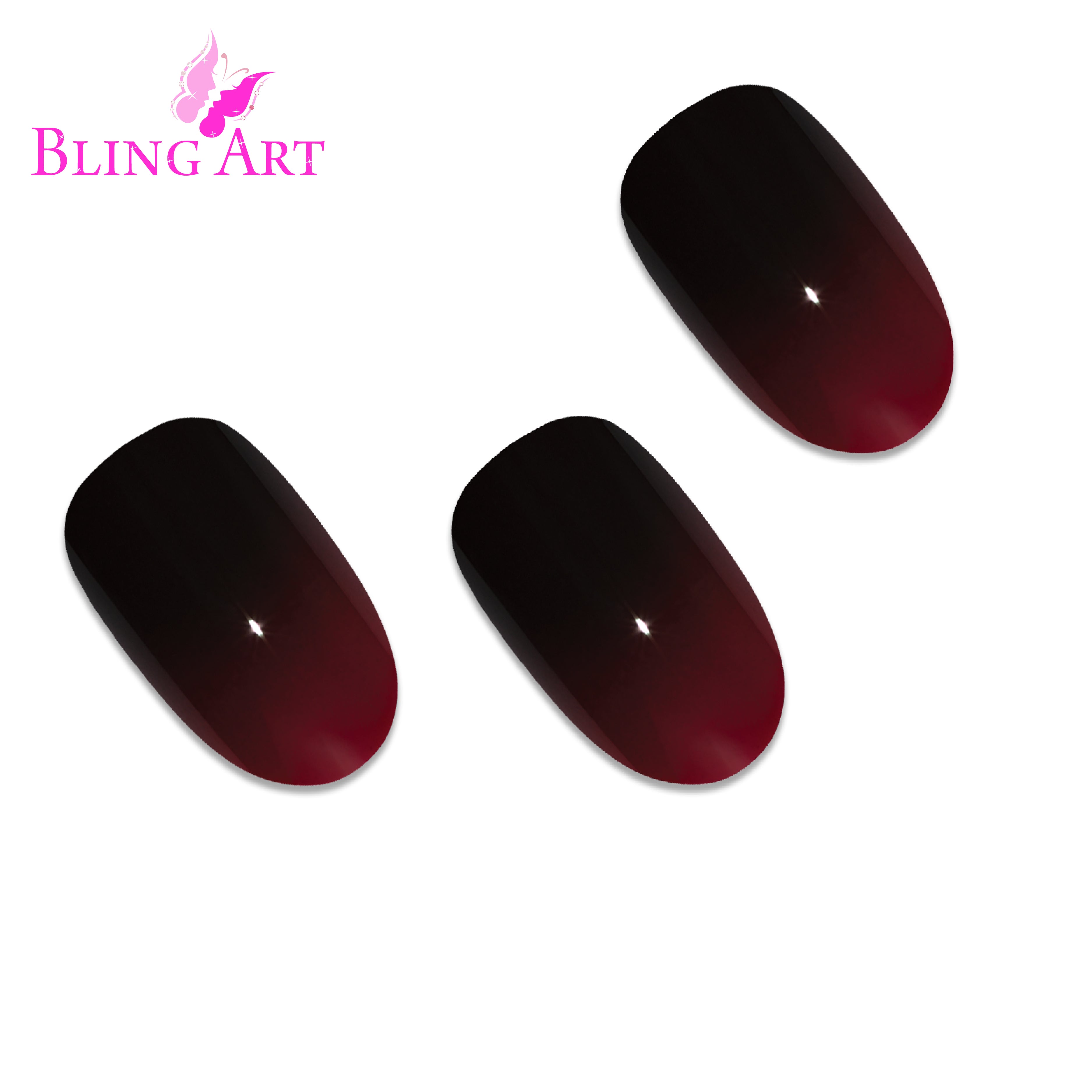 Red Black oval Bling Art press-on nails — alternative angle revealing the two-tone bond line on the oval shape.