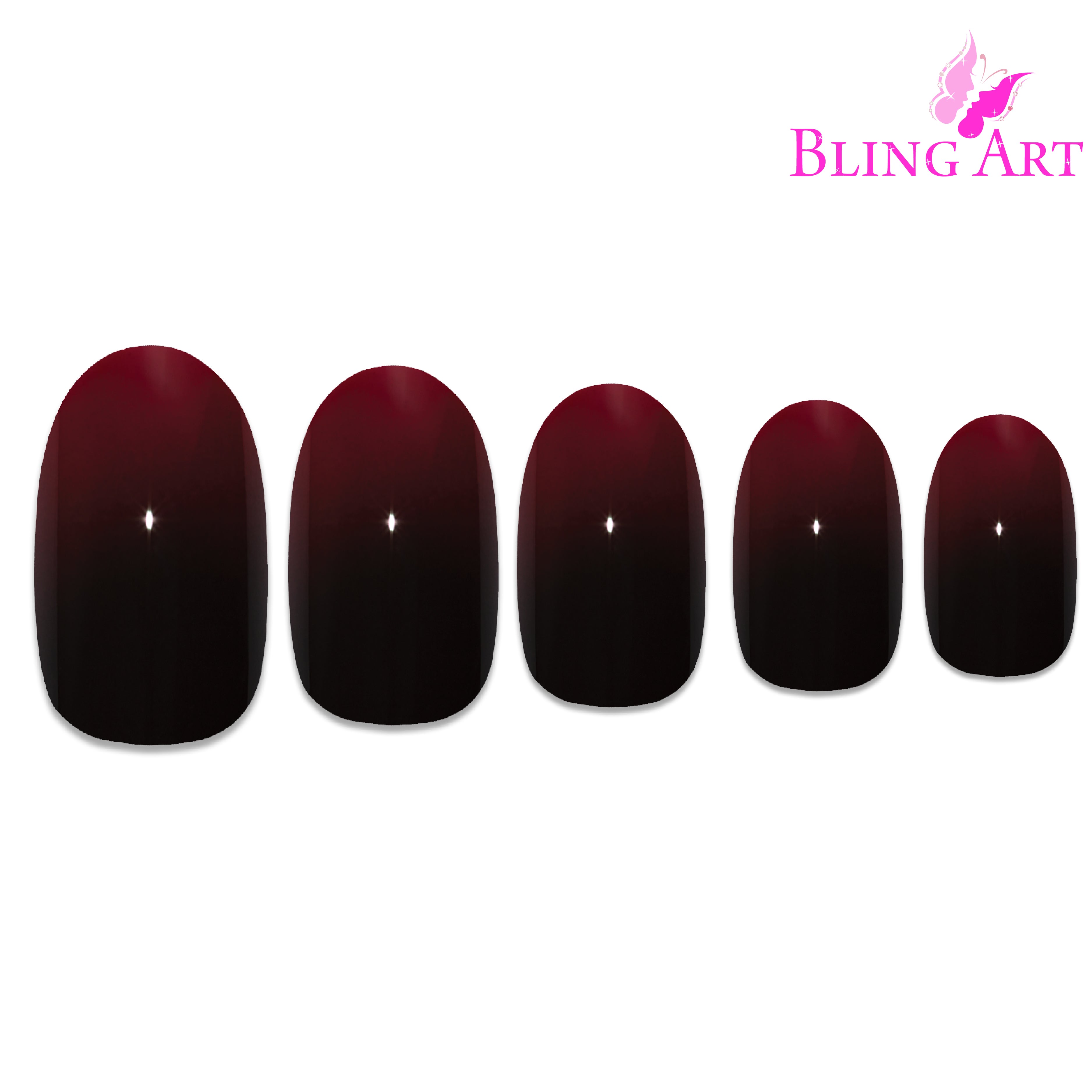 Red Black oval Bling Art press-on nails — full-hand reveal showing all 24 nails across five fingers for parties and editorial styling.