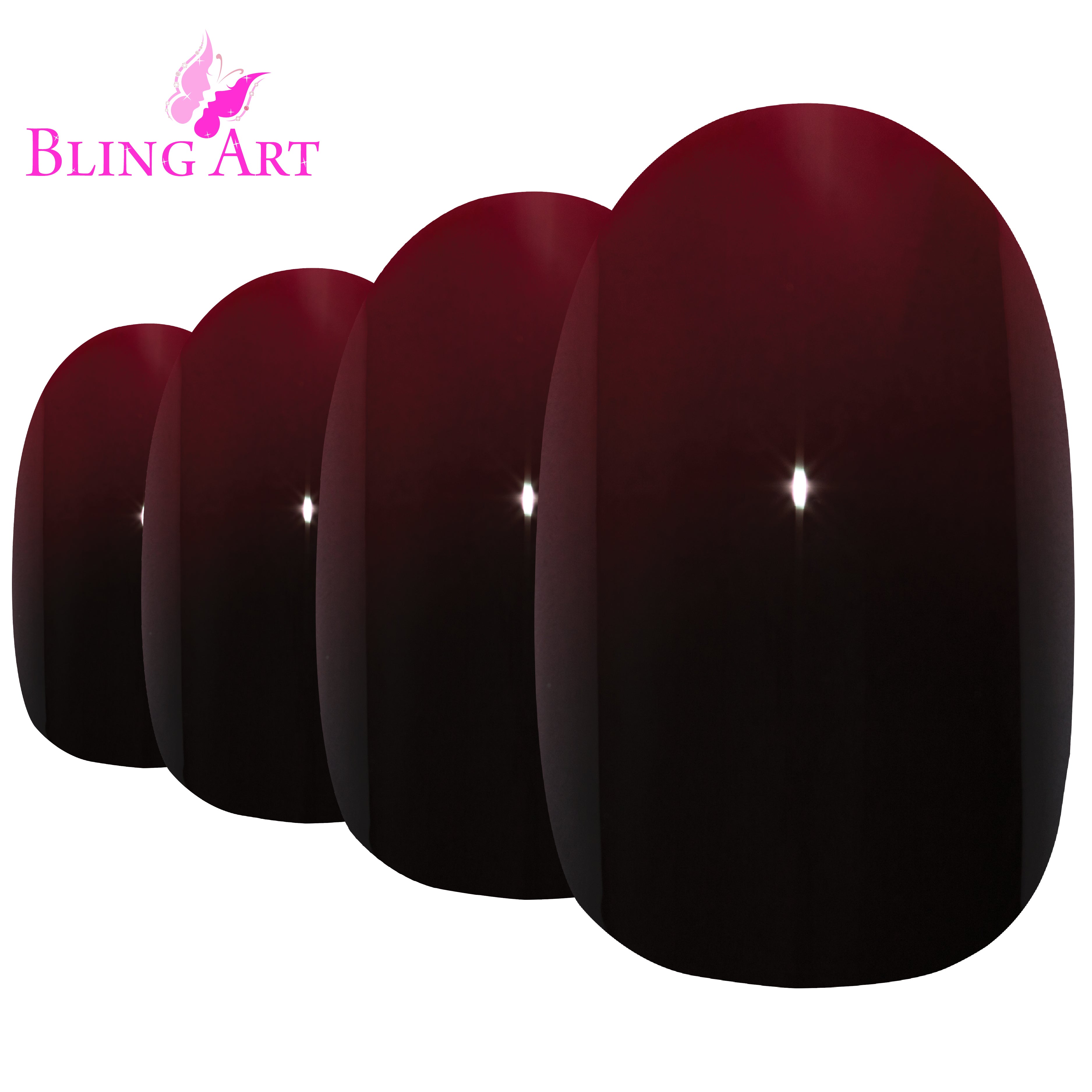 Red Black oval Bling Art press-on nails — worn-hand close-up showing two-tone crimson and jet-black lacquer on oval tips.