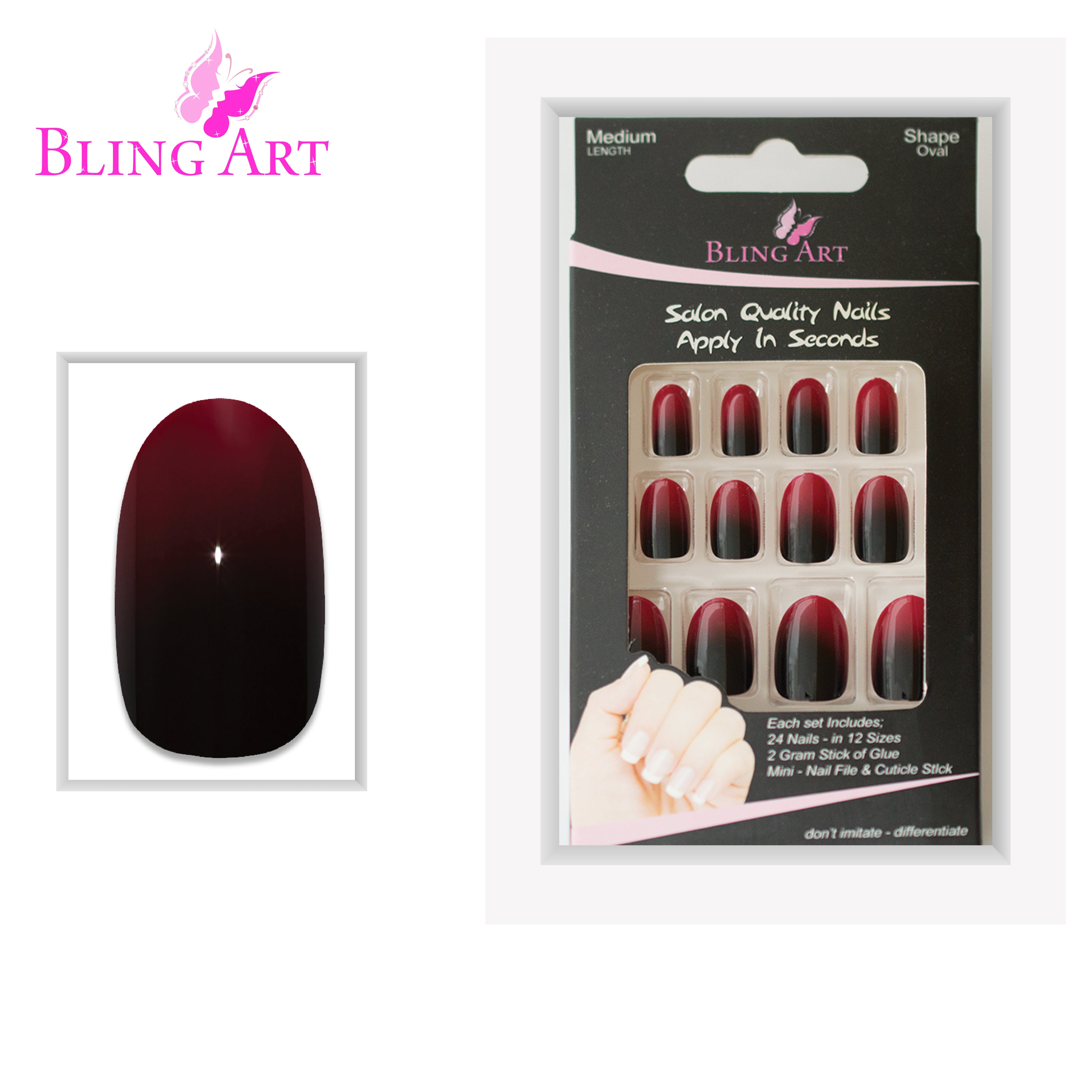 Red Black oval Bling Art press-on nails — lifestyle context shot showing the striking duo-tone crimson and black lacquer.