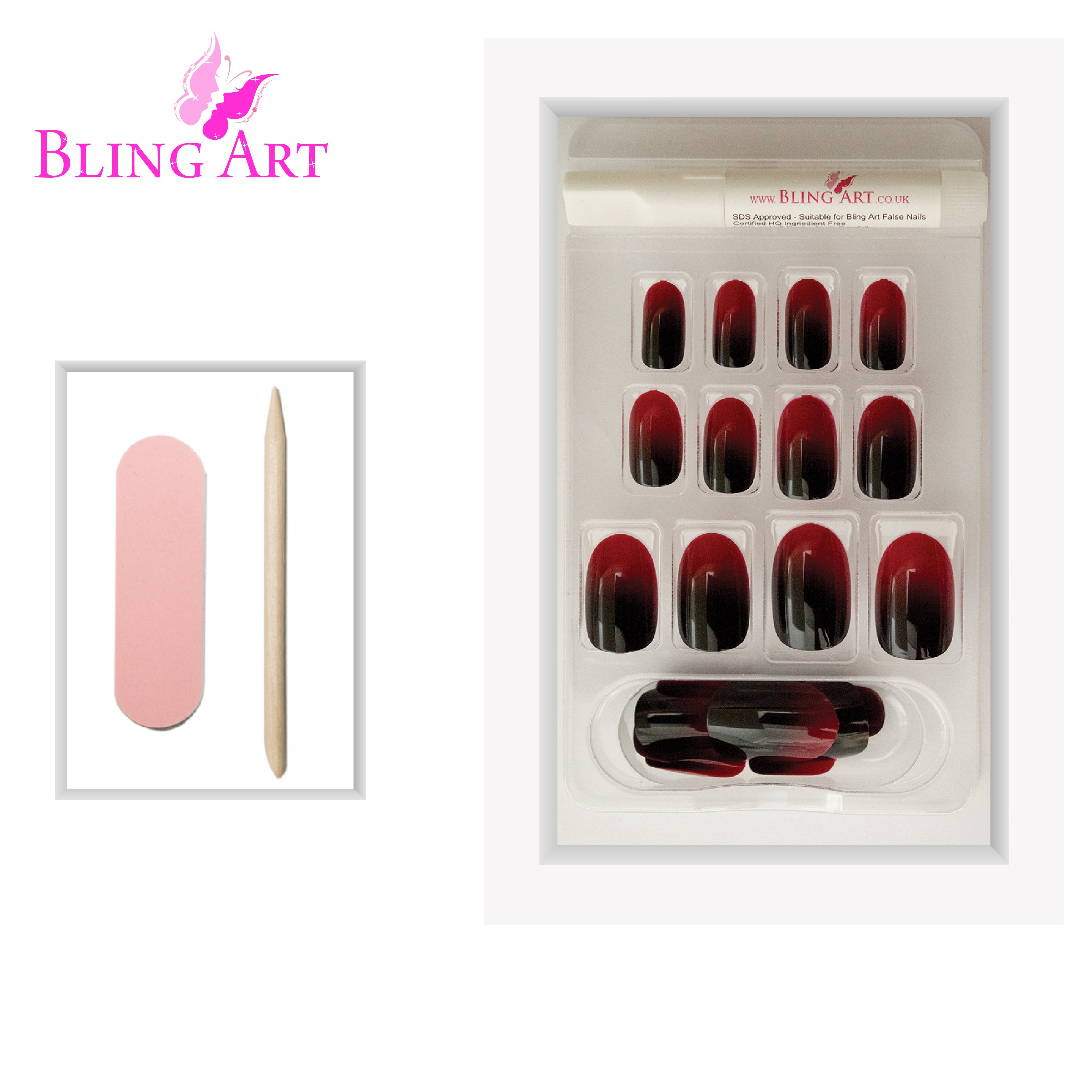 Bling Art Red Black oval press-on nail set packaging — 24 nails, 12 sizes XS-XXL, file and cuticle stick included. Glue not included.