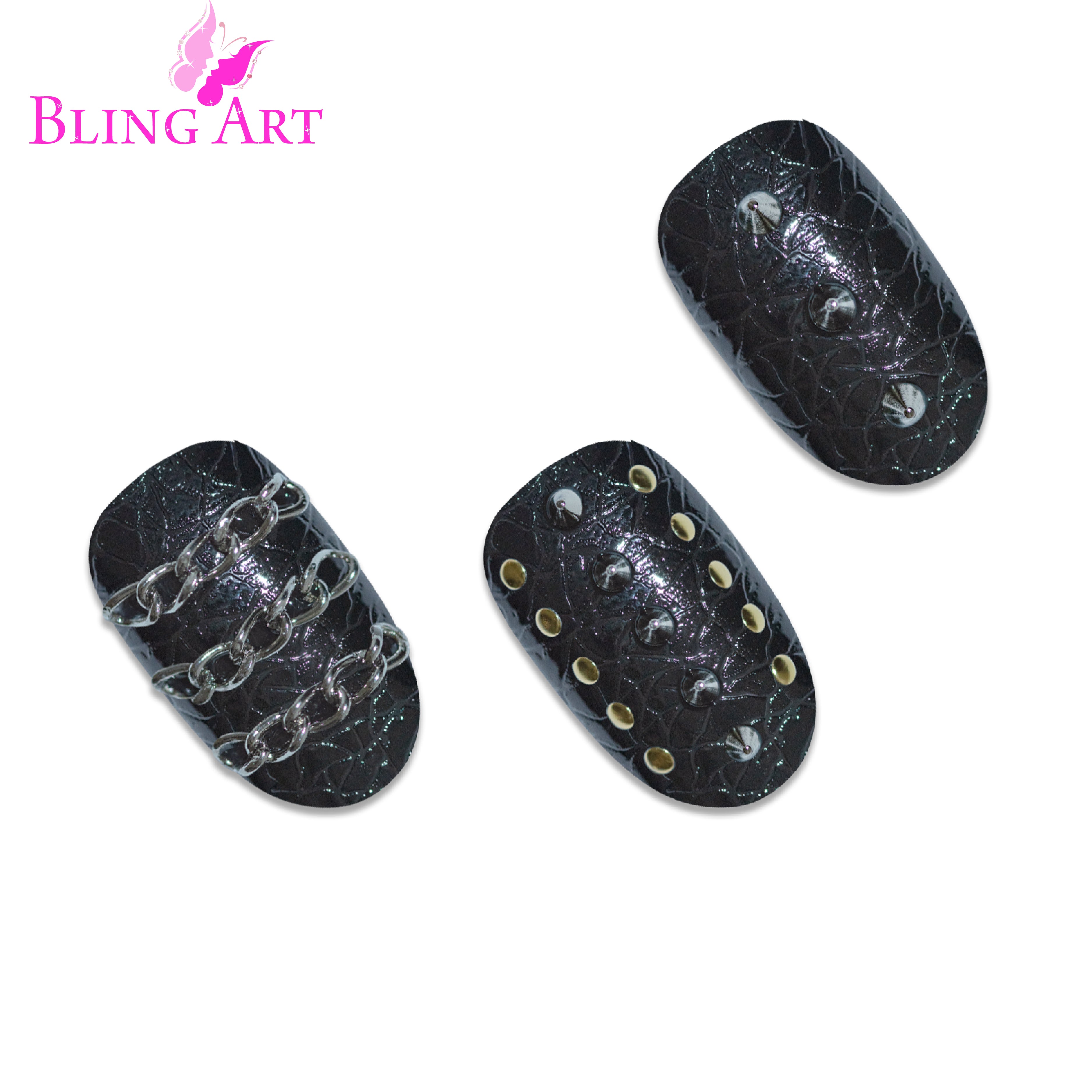 Black Punk oval Bling Art press-on nails — worn-hand close-up showing the edgy black punk-style detail on medium-length oval tips.