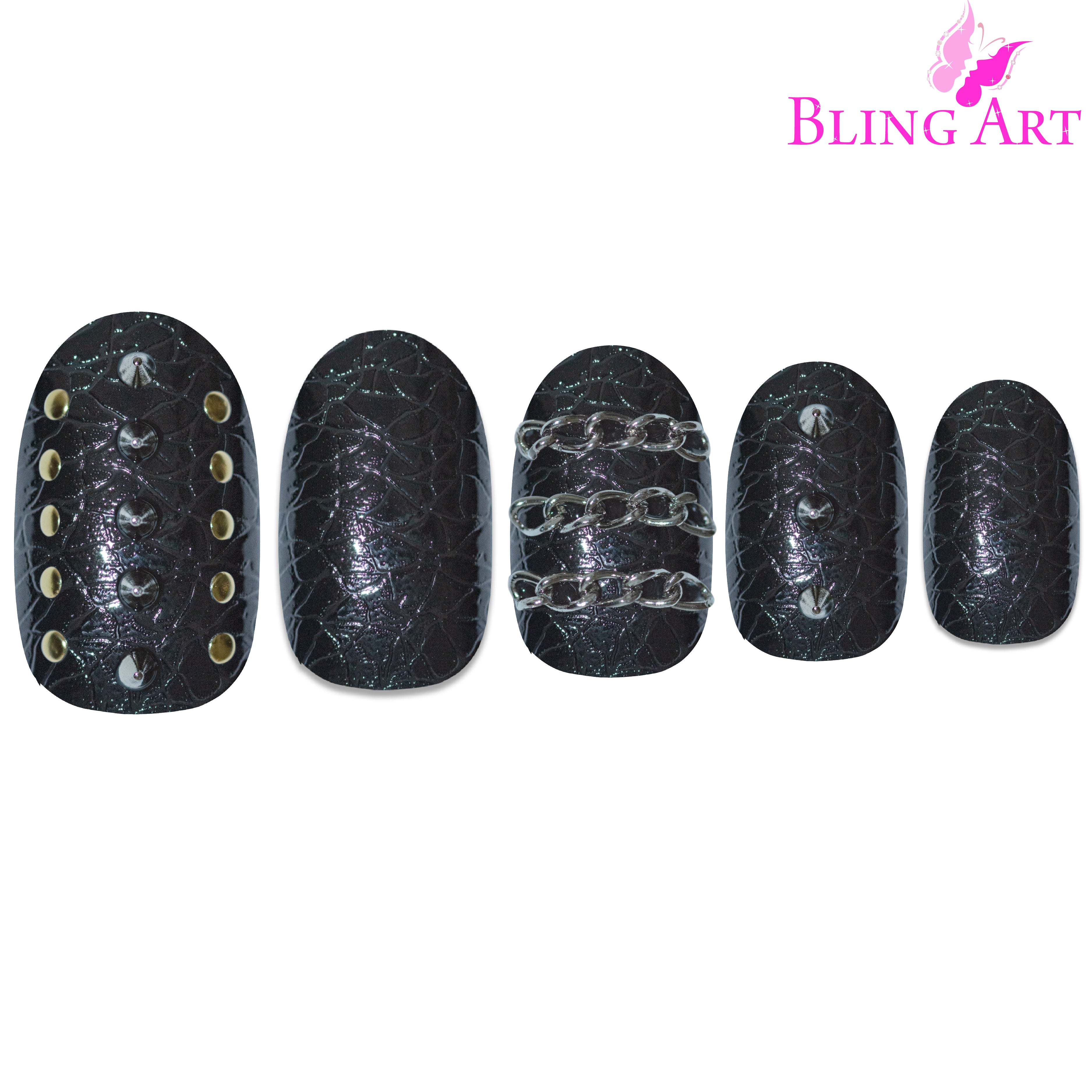 Black Punk oval Bling Art press-on nails — full-hand reveal showing all 24 nails for gigs, festivals and parties.