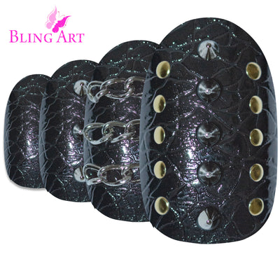 Black punk-style oval-shaped press-on false nails by Bling Art — bold edgy statement for parties, festivals, and trend-led looks · high-shine finish with punk-style design · medium-length oval tips · 24 nails per set with adhesive · designed in Yorkshire