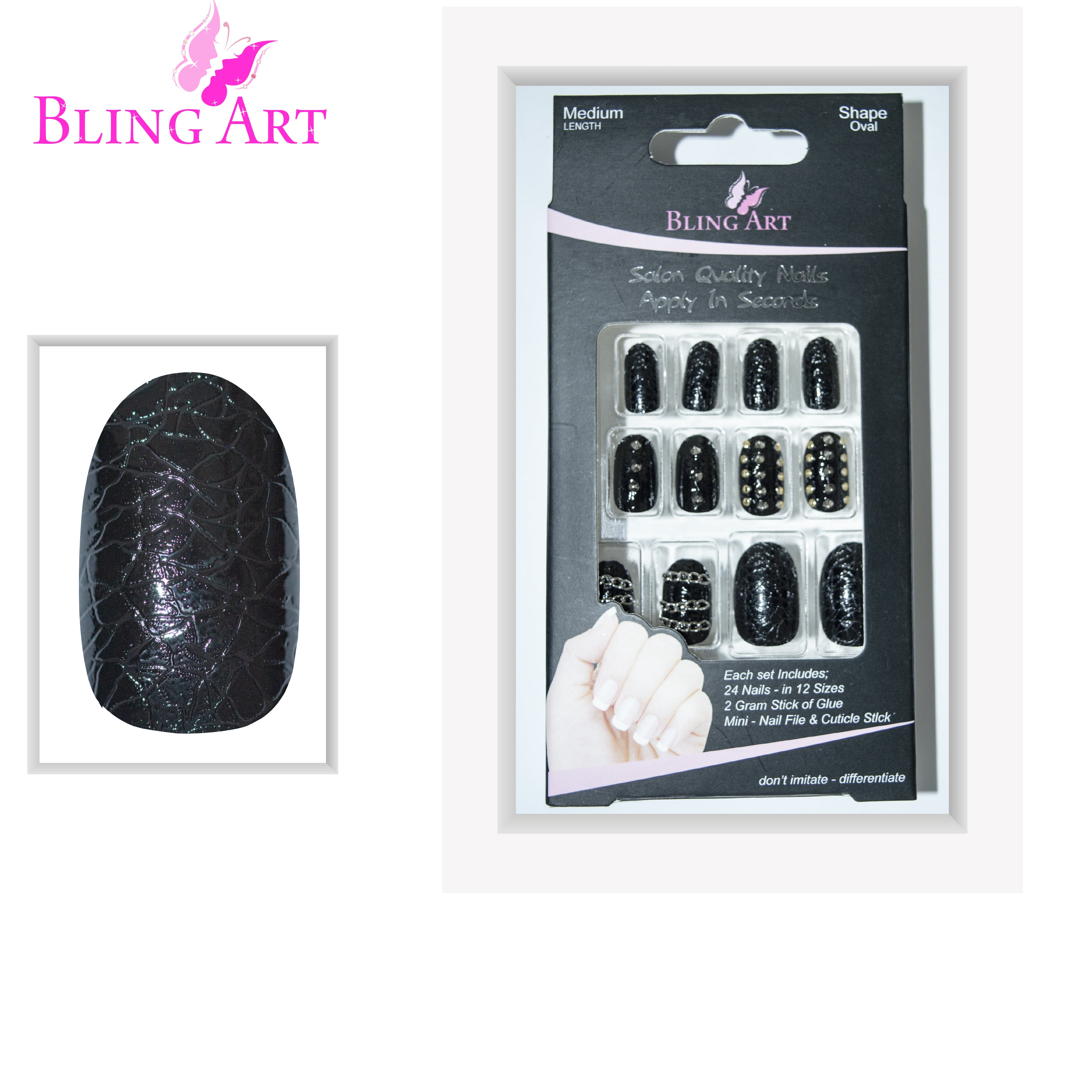 Black Punk oval Bling Art press-on nails — lifestyle context shot showing the bold edgy punk-style statement.