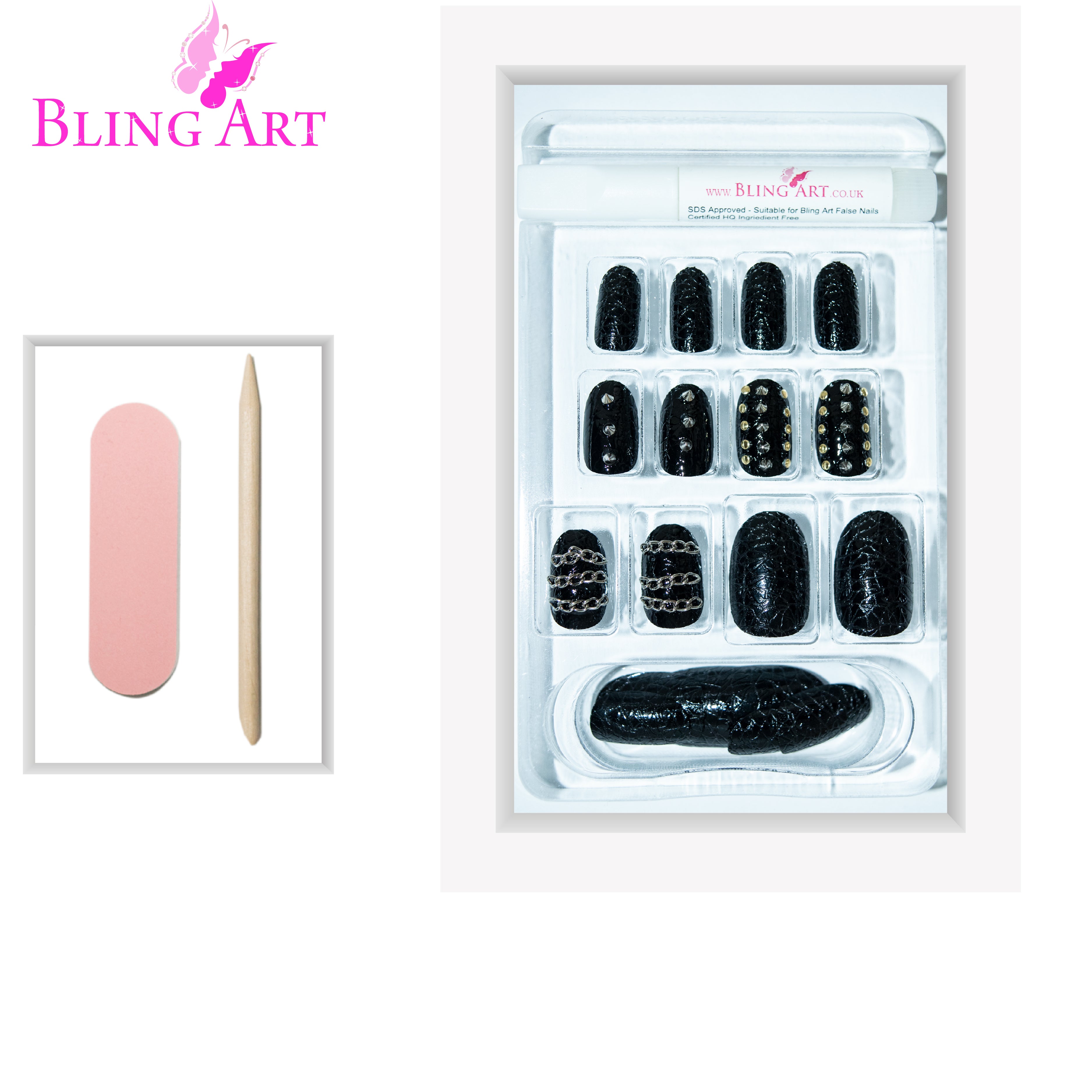 Black Punk oval Bling Art press-on nails — alternative angle revealing the punk detail on the oval shape.