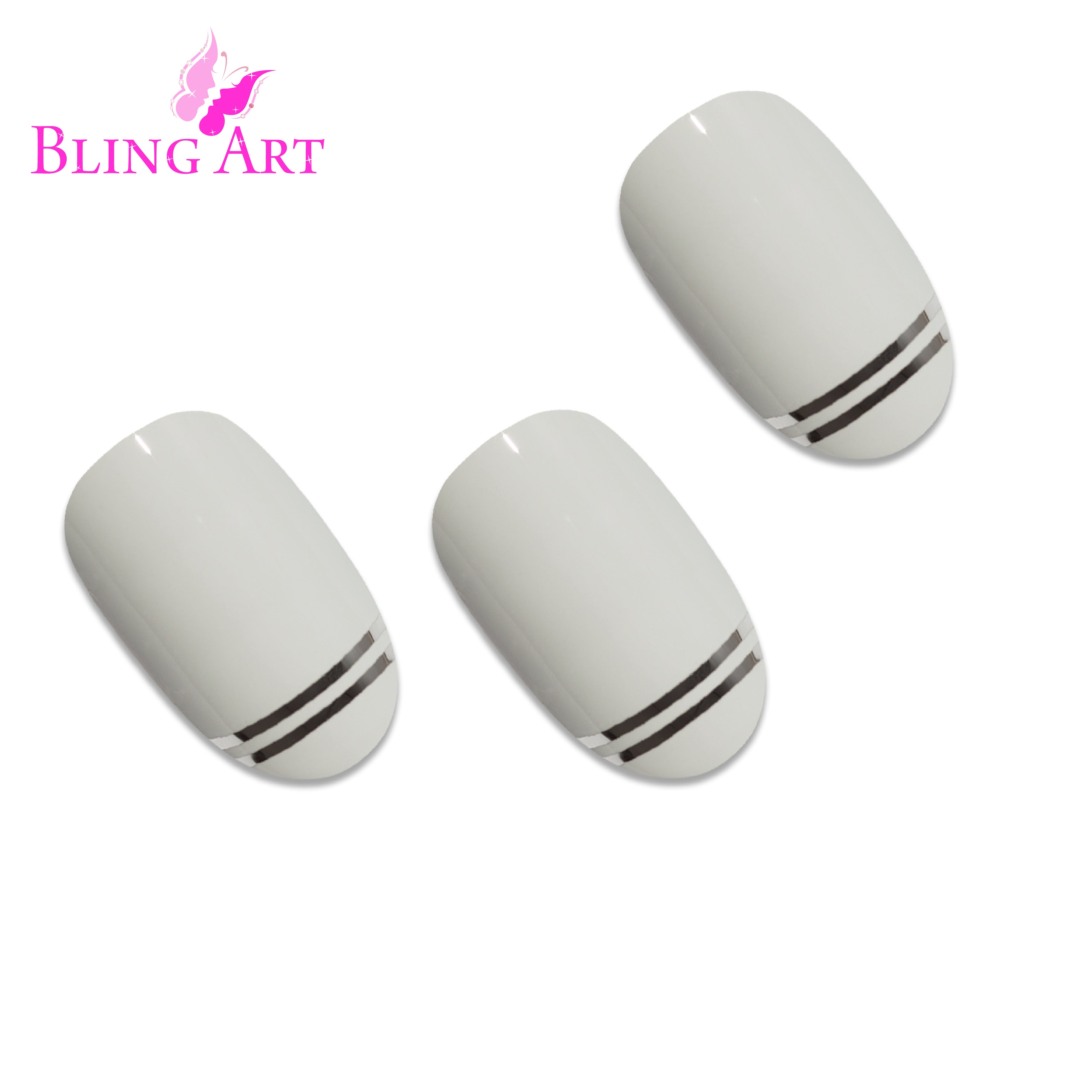 White Silver glossy oval Bling Art press-on nails — worn-hand close-up showing two-tone pearl-white and chrome silver high-shine on oval tips.
