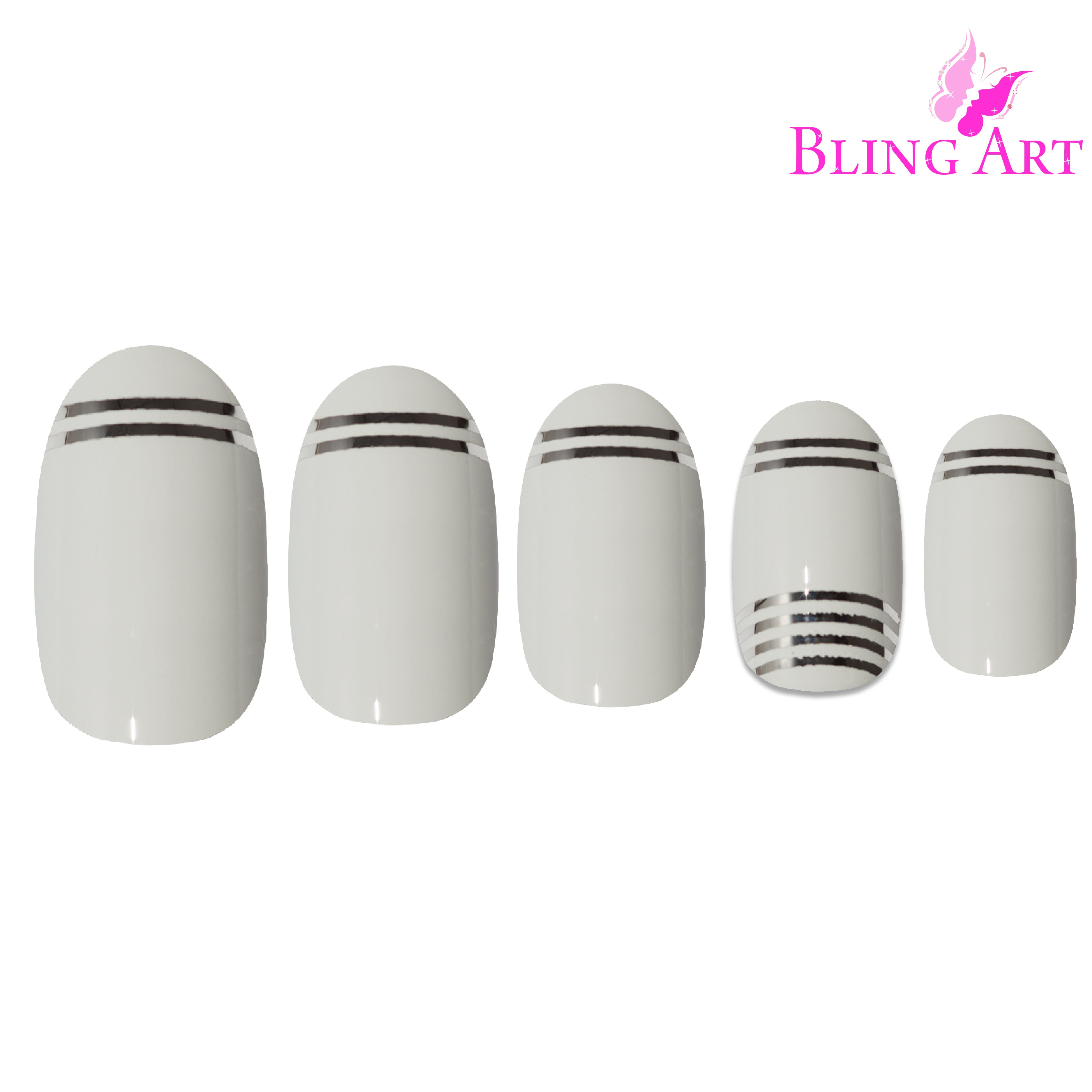 White Silver glossy oval Bling Art press-on nails — alternative angle revealing the two-tone bond line on the oval shape.