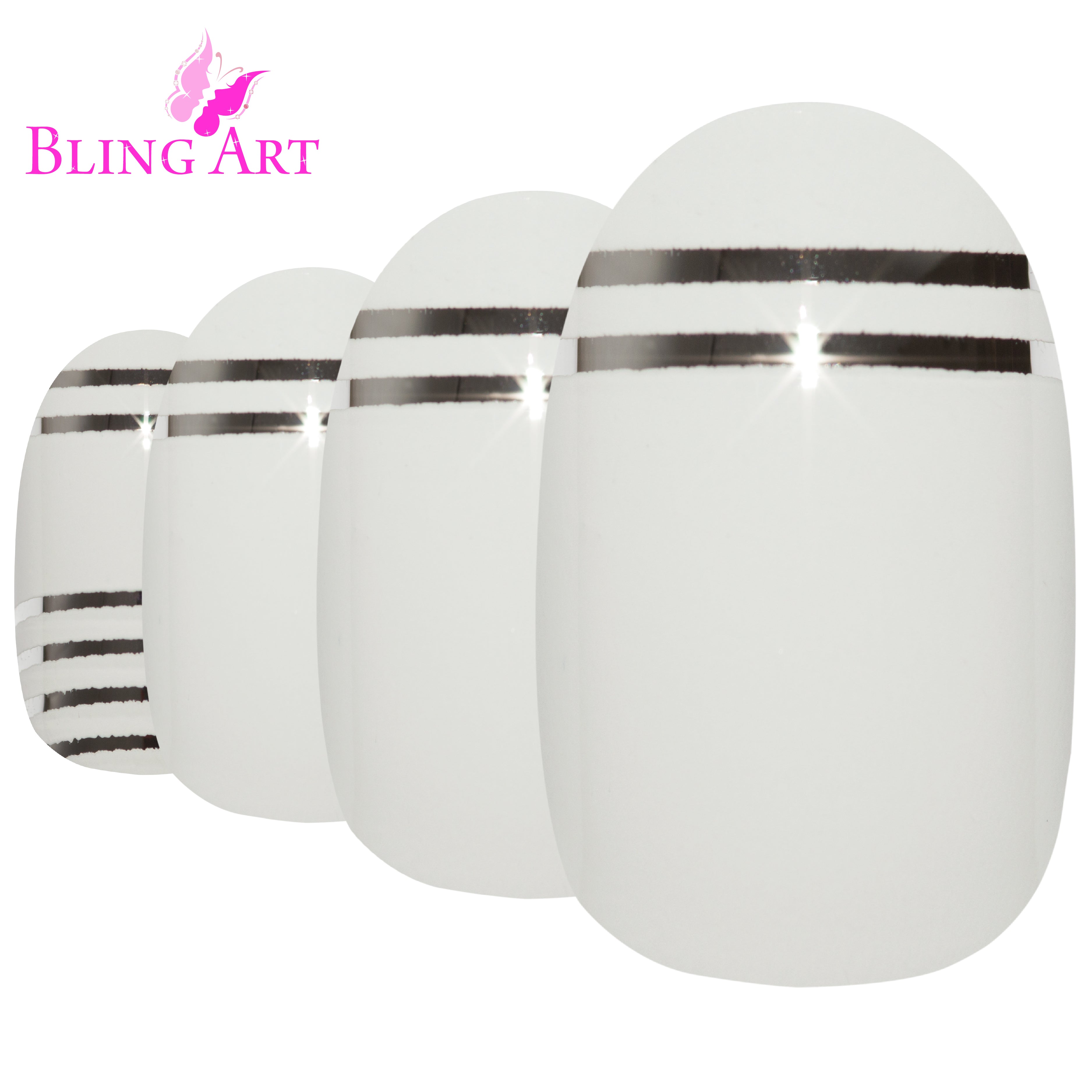 Bling Art White Silver glossy oval press-on nail set packaging — 24 nails, 12 sizes XS-XXL, file and cuticle stick included. Glue not included.