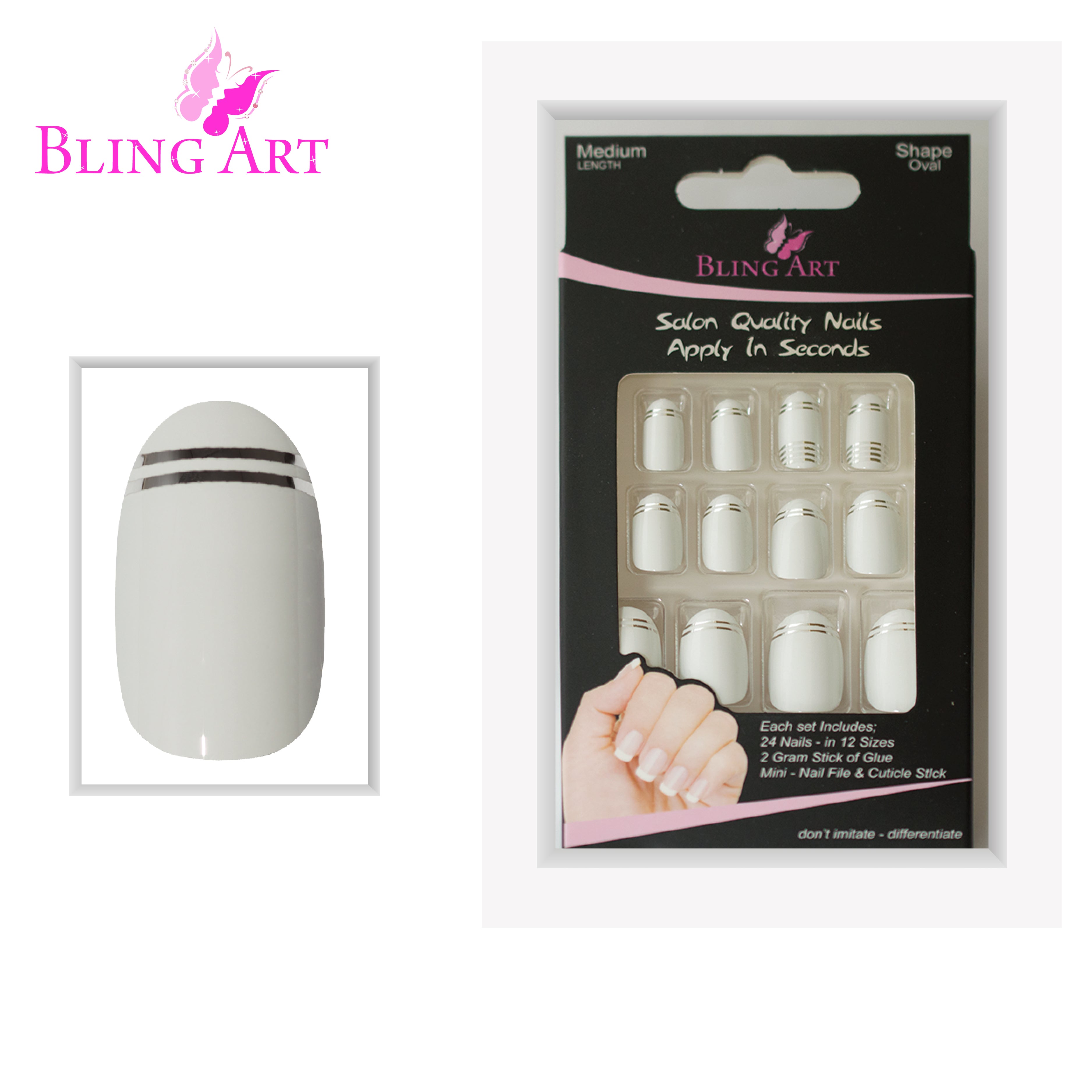 White Silver glossy oval Bling Art press-on nails — full-hand reveal showing all 24 nails across five fingers for weddings and romantic occasions.