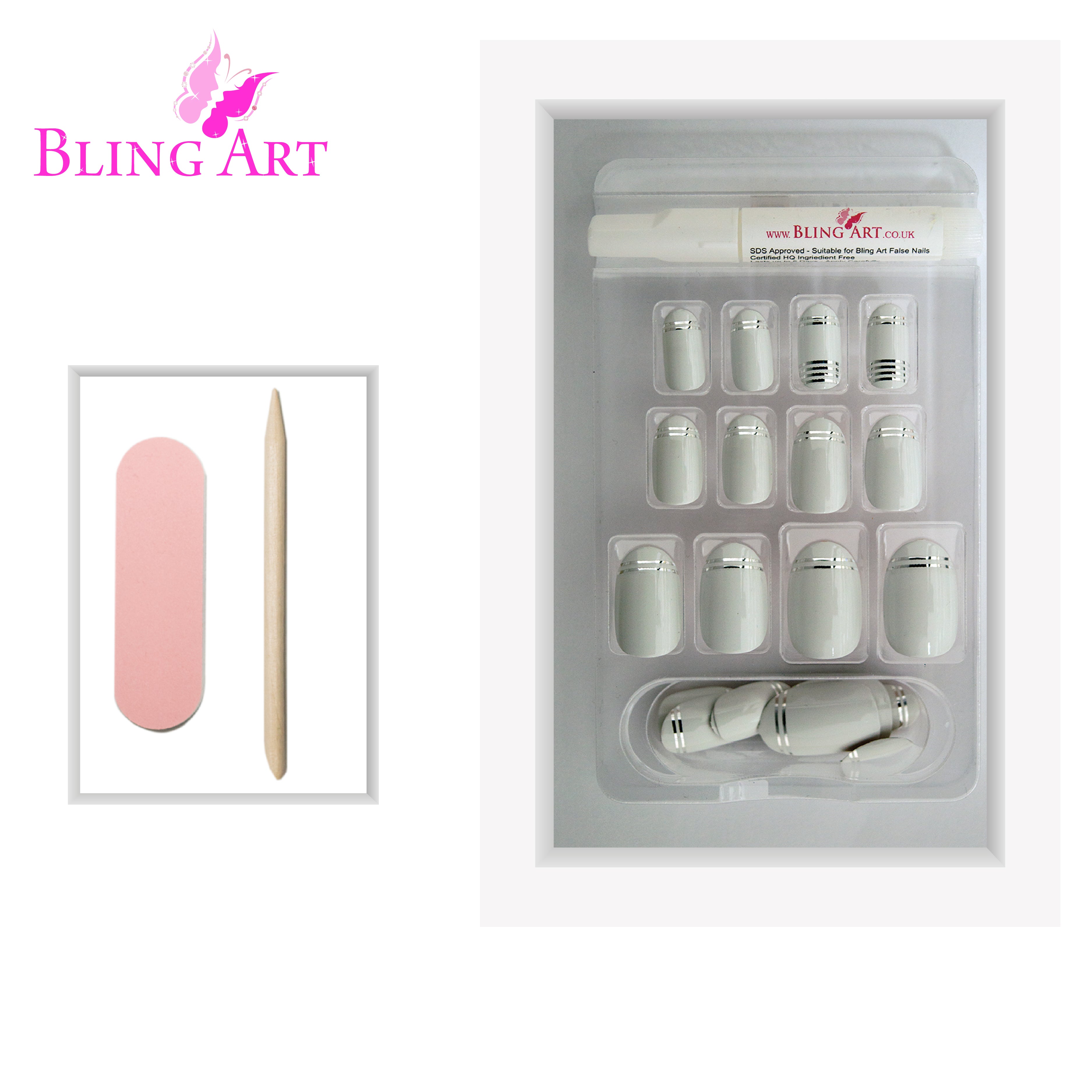 White Silver glossy oval Bling Art press-on nails — lifestyle context shot showing the bridal-sparkle pearl-and-silver finish.