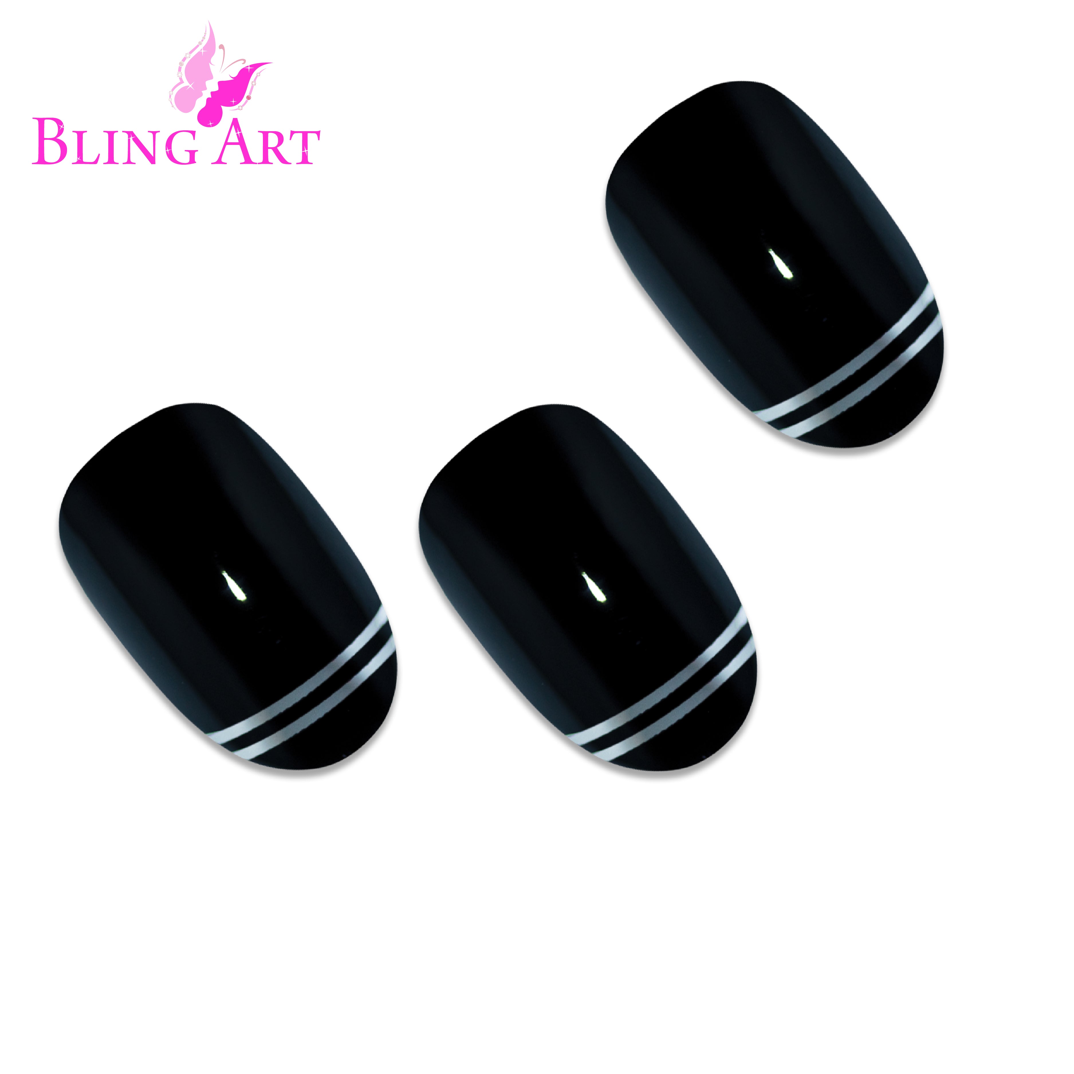 Black Silver glossy oval Bling Art press-on nails — worn-hand close-up showing two-tone jet-black and chrome silver high-shine on oval tips.