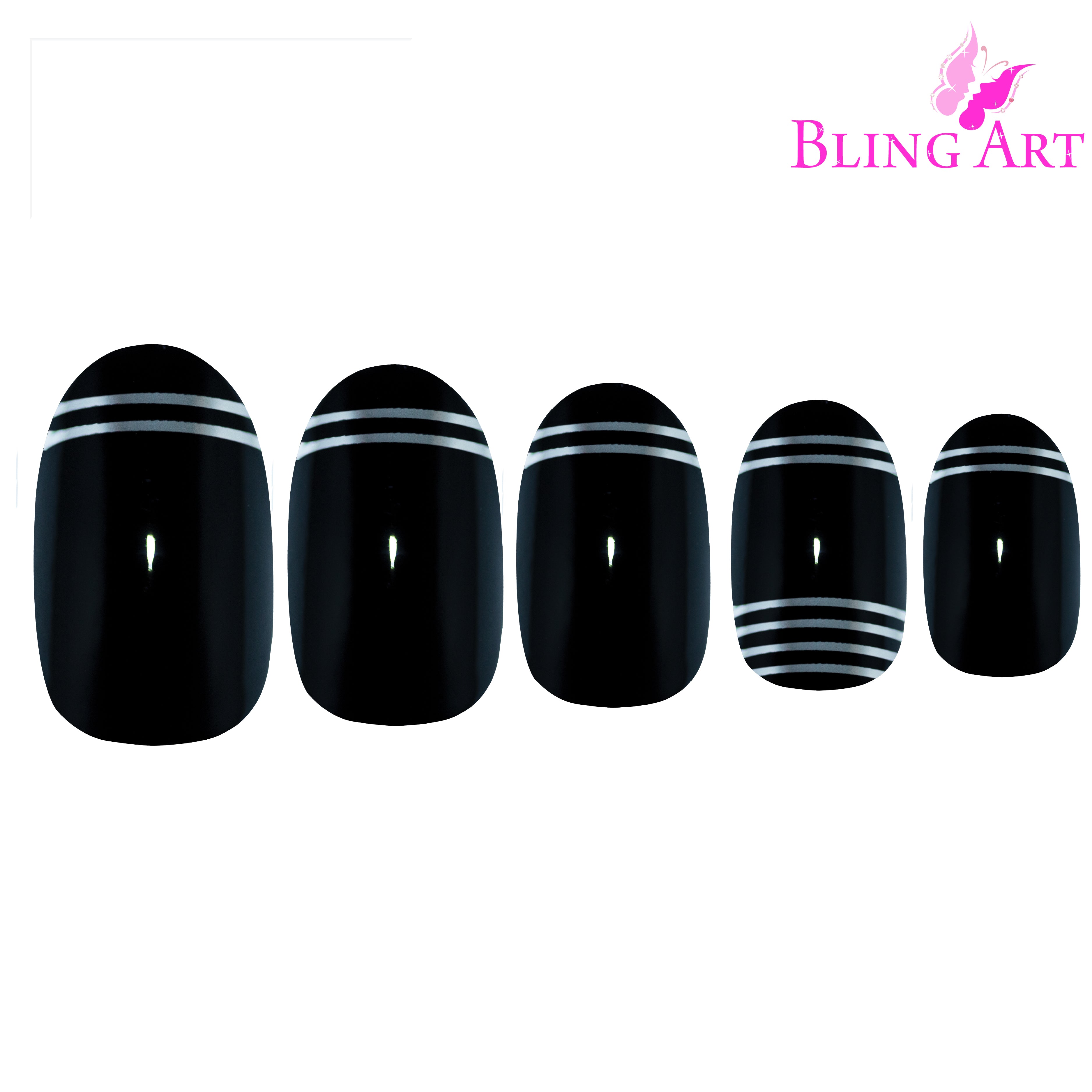 Black Silver glossy oval Bling Art press-on nails — lifestyle context shot showing the bold two-tone statement finish.
