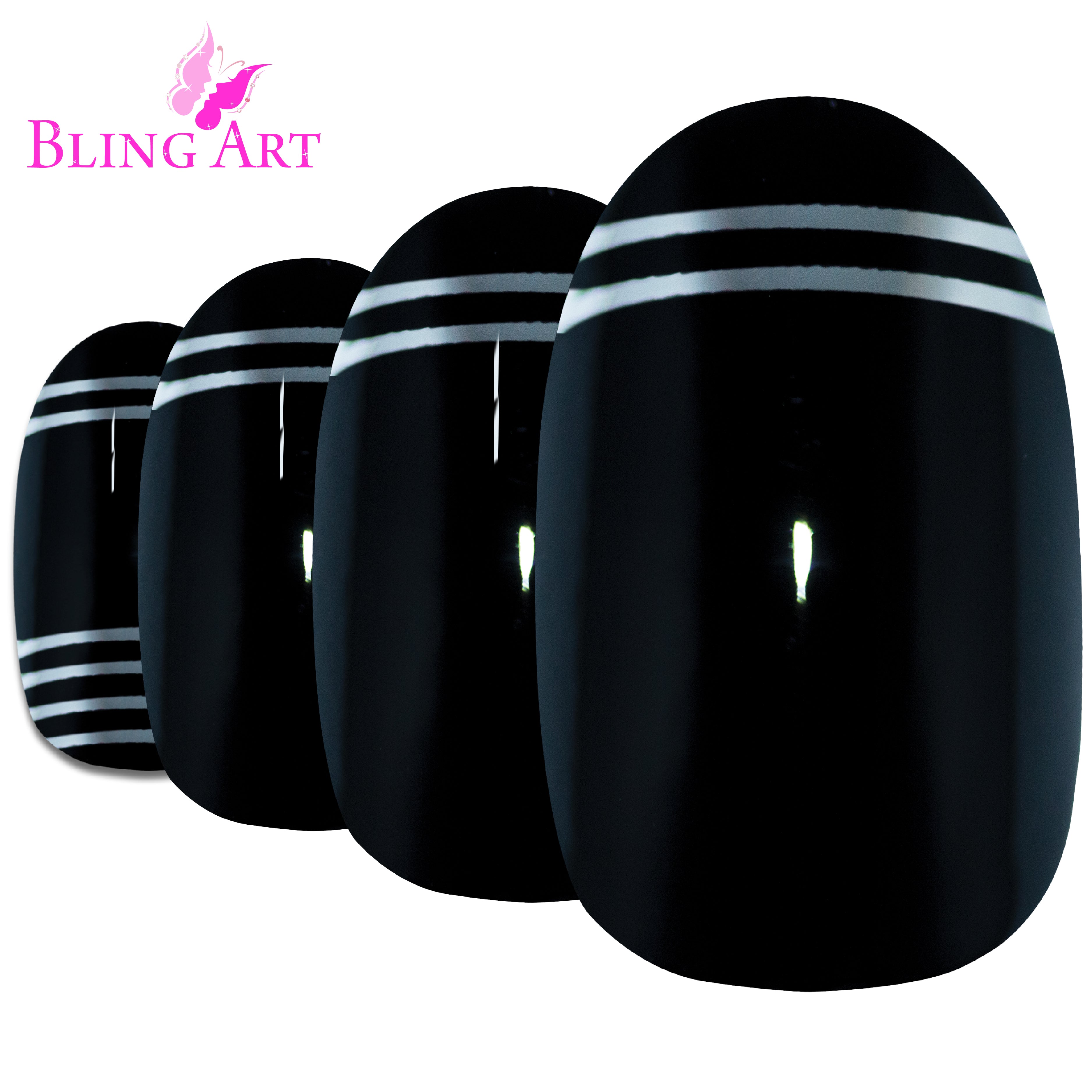 Bling Art Black Silver glossy oval press-on nail set packaging — 24 nails, 12 sizes XS-XXL, file and cuticle stick included. Glue not included.