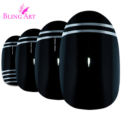 Two-tone jet black and chrome silver glossy oval-shaped press-on false nails by Bling Art — bold two-tone statement for parties, editorial events, and trend-led looks · high-shine glossy finish · medium-length oval tips · 24 nails per set with adhesive · designed in Yorkshire