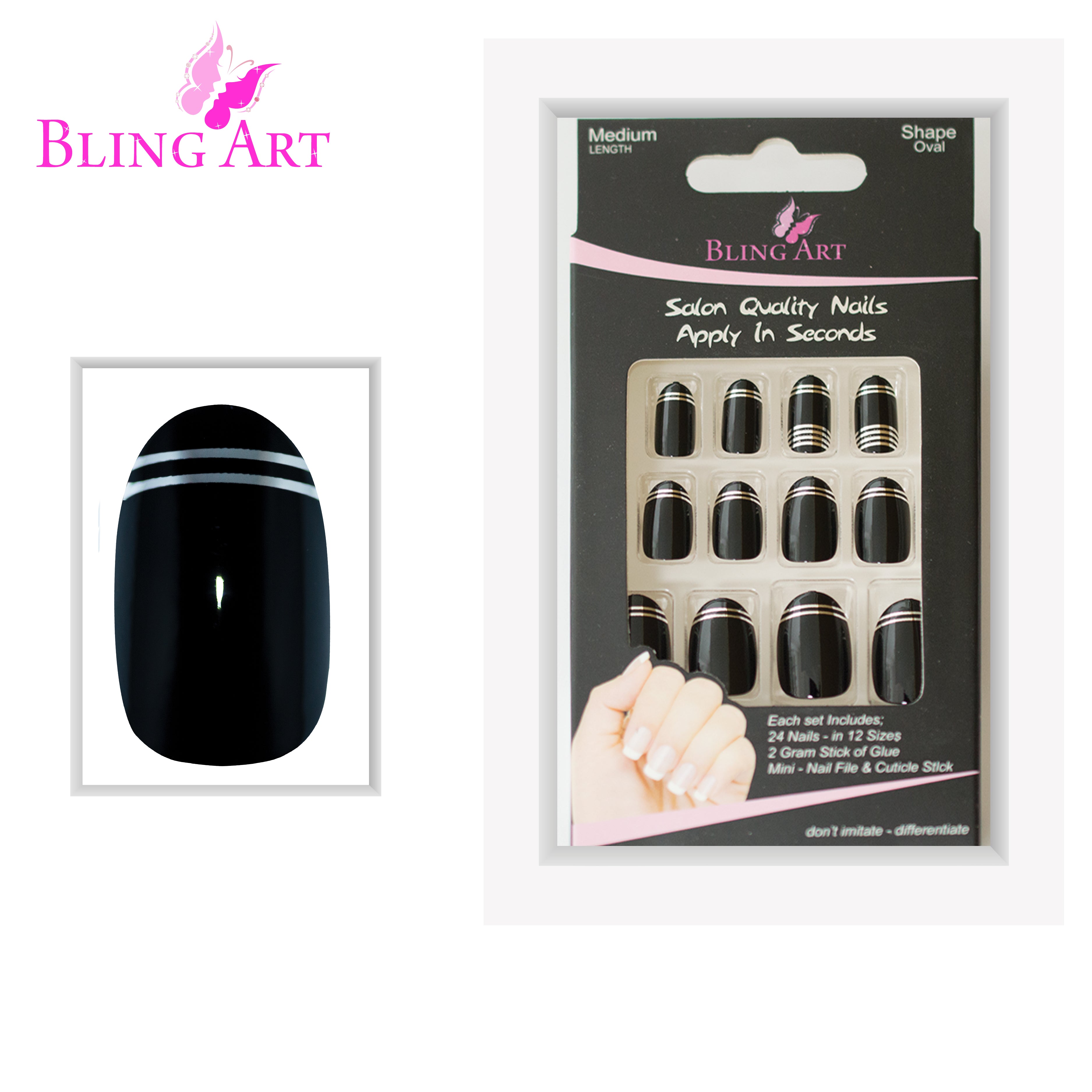 Black Silver glossy oval Bling Art press-on nails — alternative angle revealing the two-tone bond line on the oval shape.