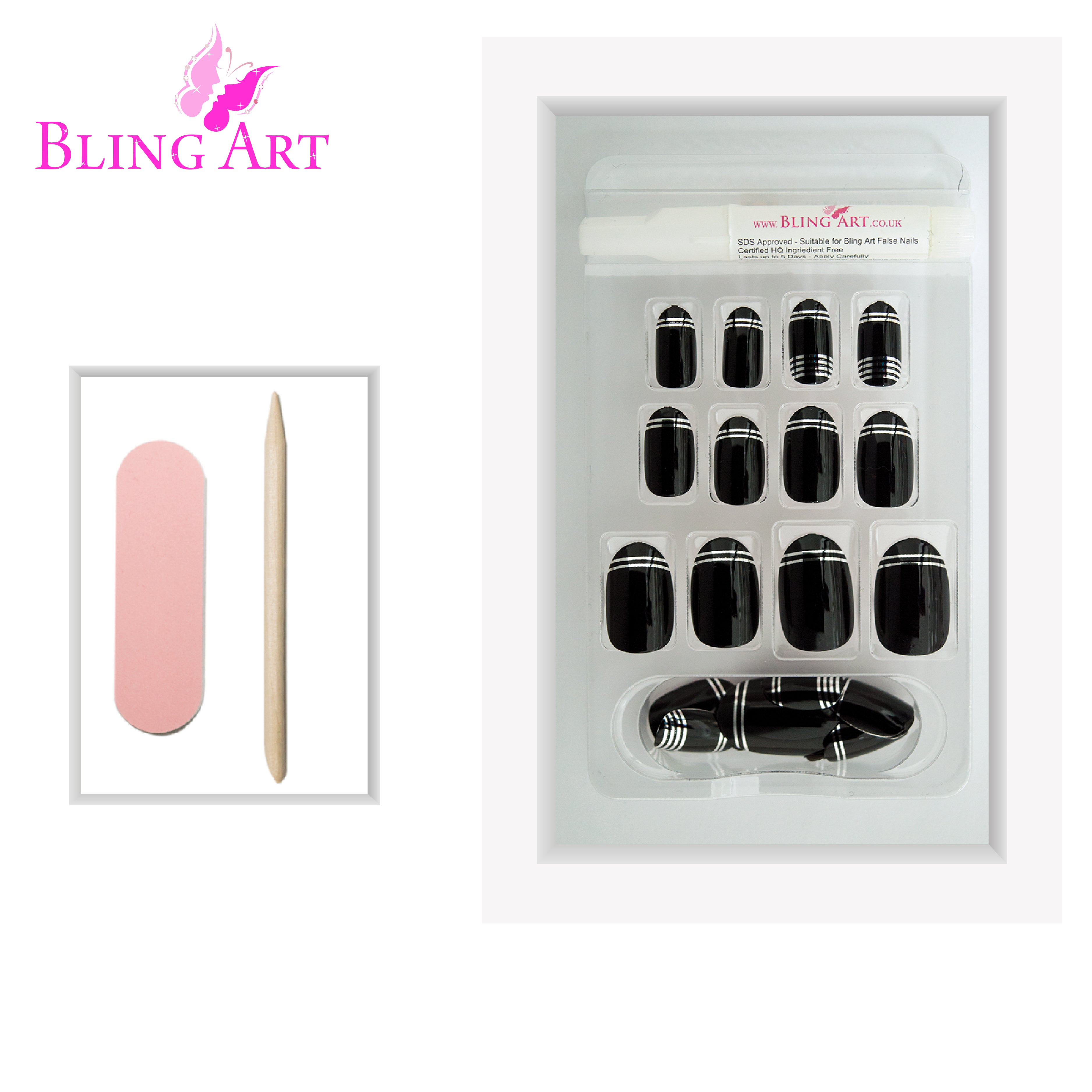 Black Silver glossy oval Bling Art press-on nails — full-hand reveal showing all 24 nails across five fingers for parties and editorial wear.