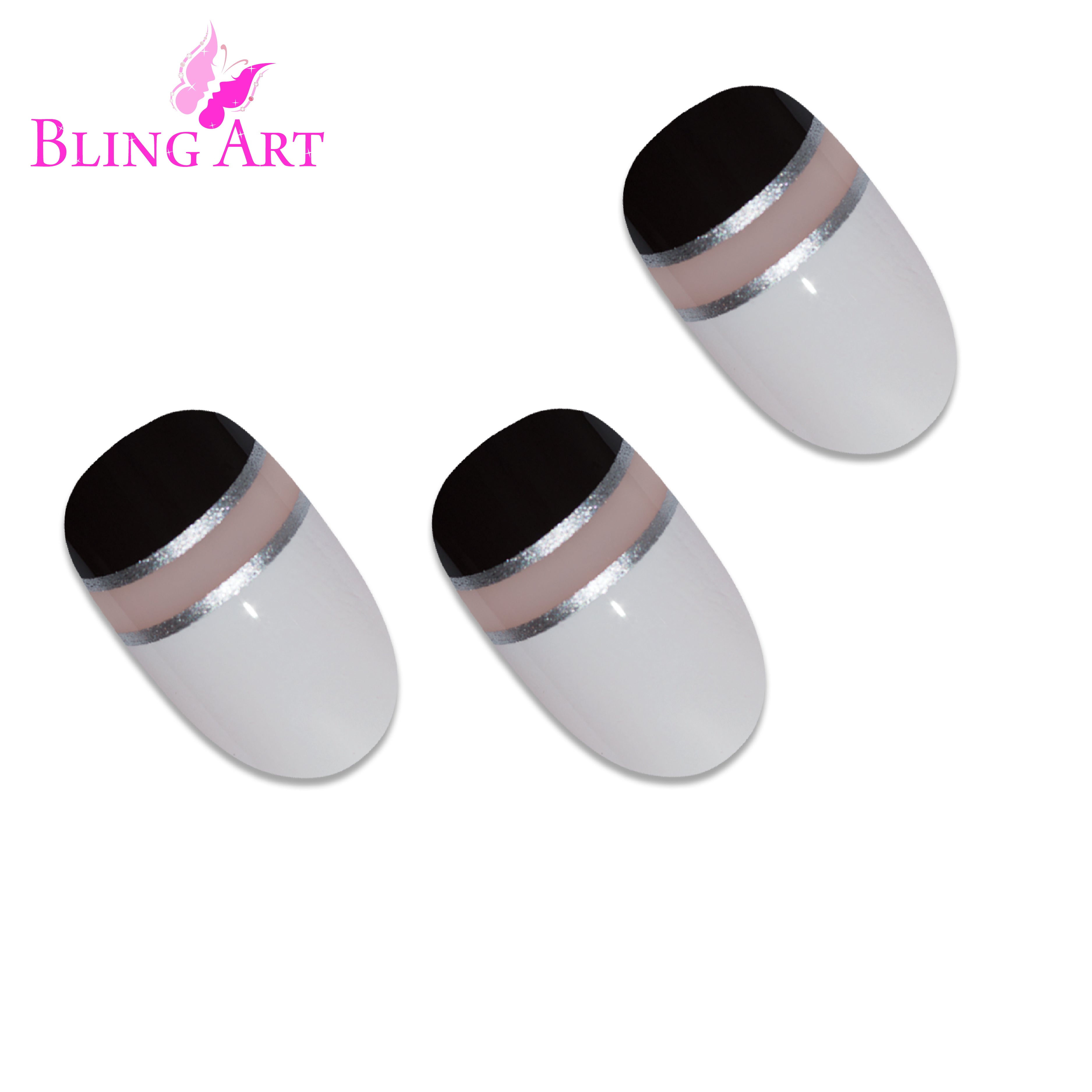 Bling Art Black White glossy oval press-on nail set packaging — 24 nails, 12 sizes XS-XXL, file and cuticle stick included. Glue not included.