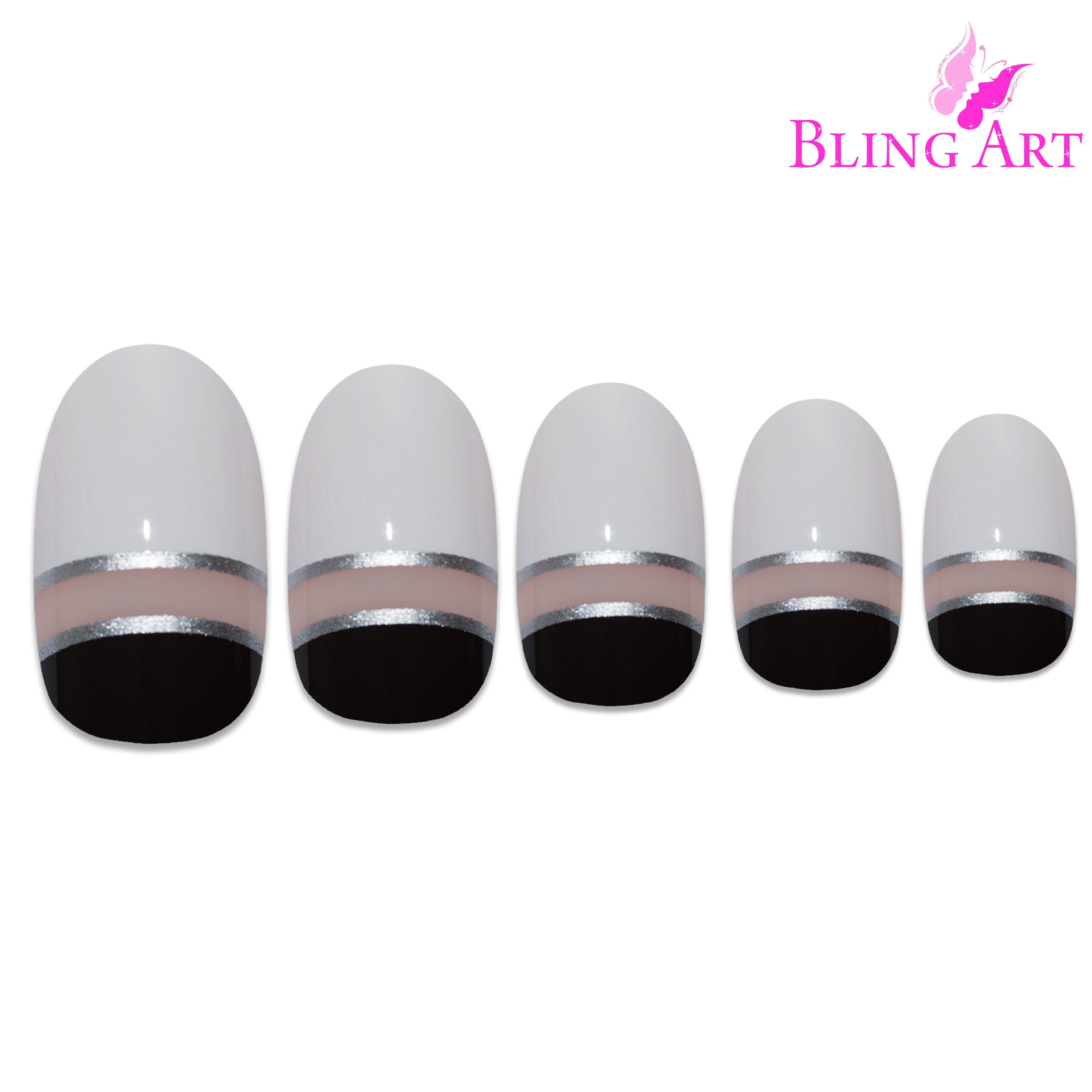 Black White glossy oval Bling Art press-on nails — lifestyle context shot showing the bold contrast statement finish.