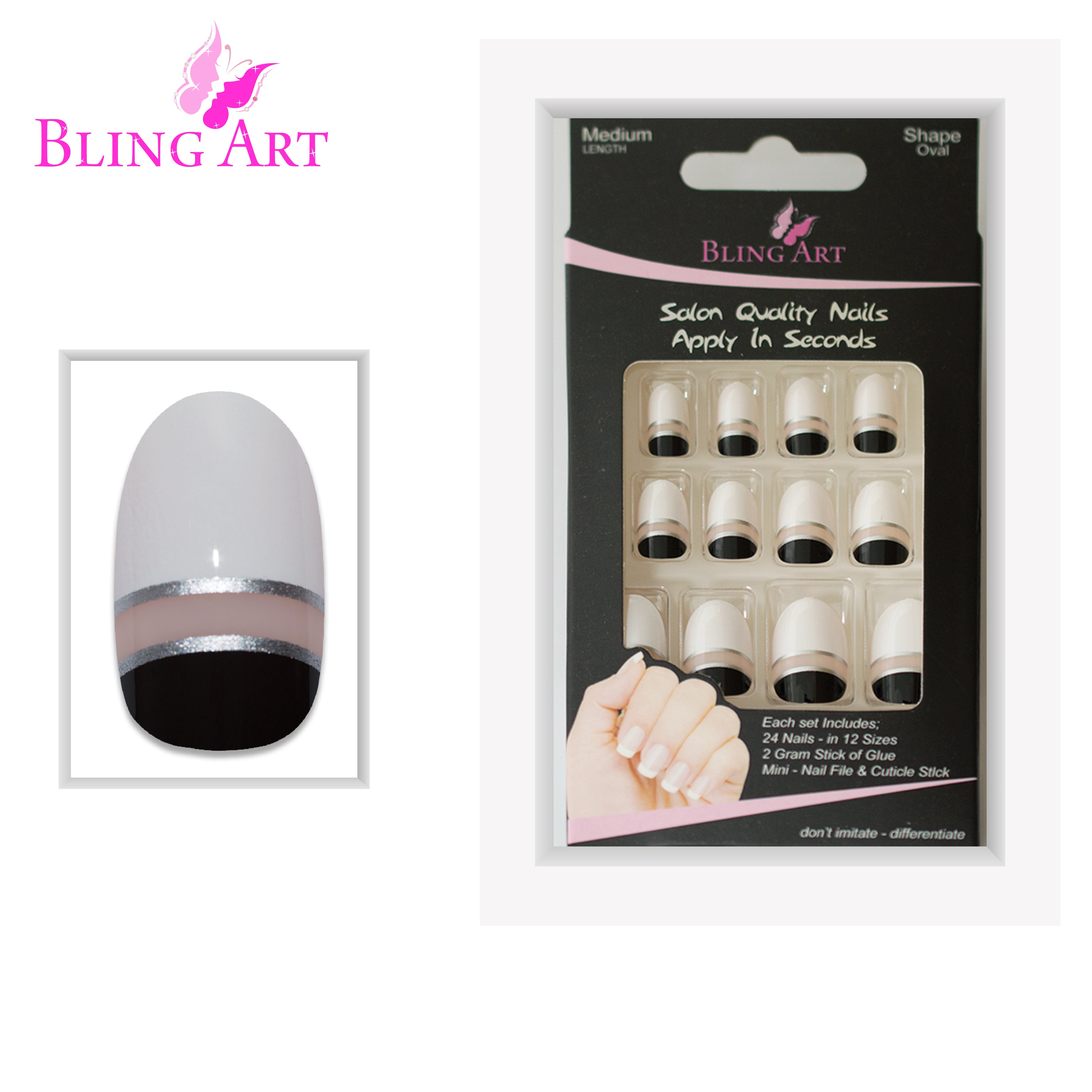 Black White glossy oval Bling Art press-on nails — full-hand reveal showing all 24 nails for parties and editorial wear.
