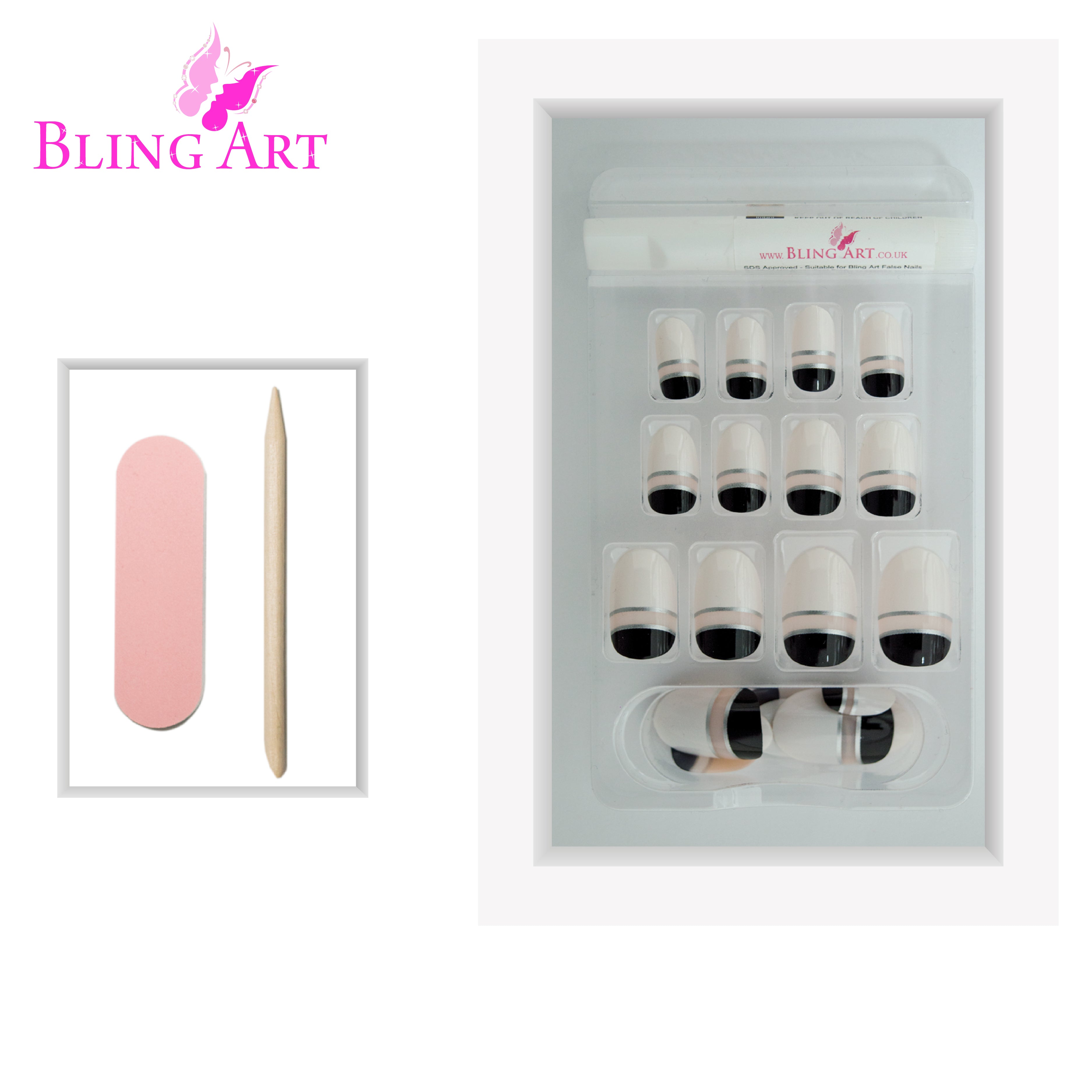 Black White glossy oval Bling Art press-on nails — alternative angle revealing the two-tone bond line on the oval shape.