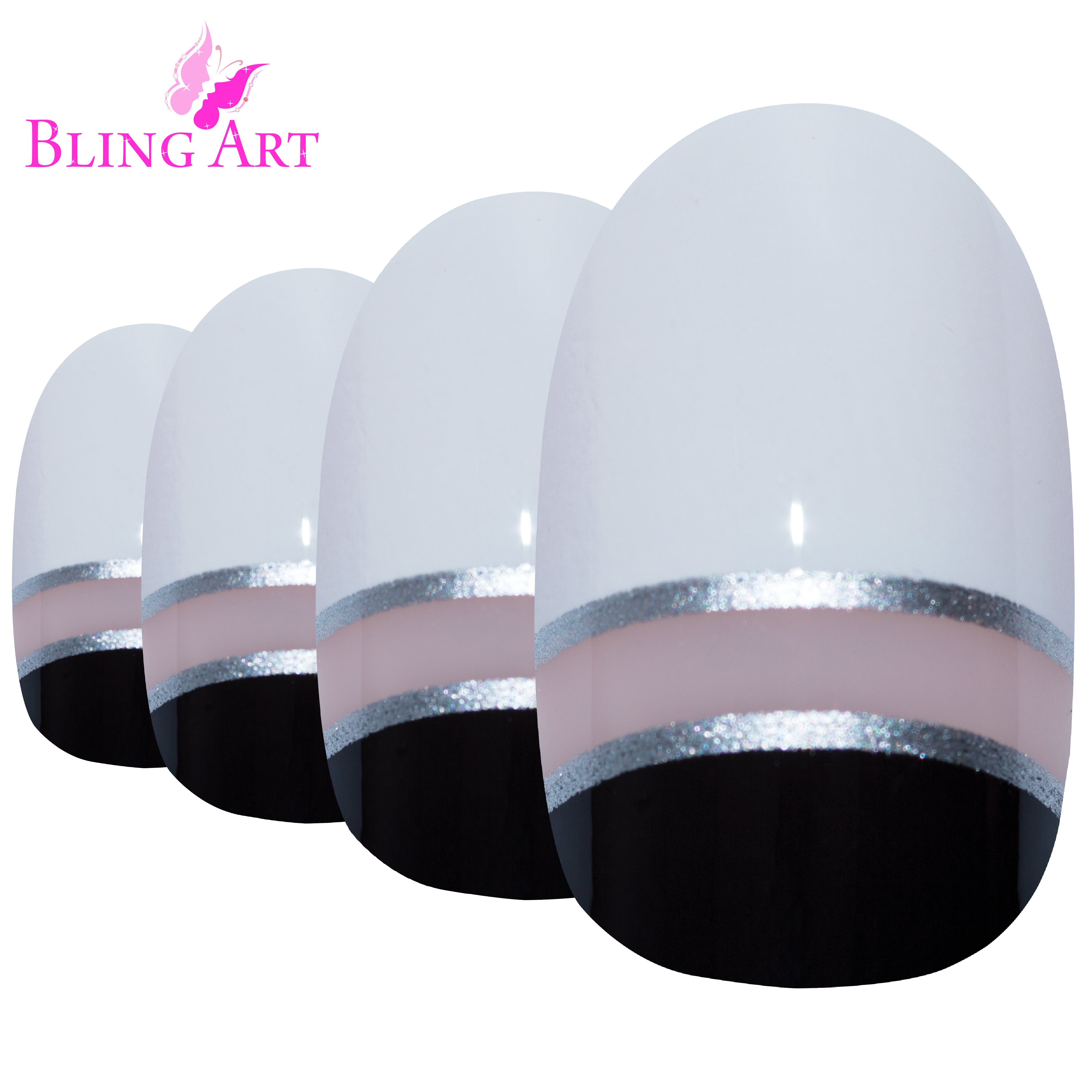 Black White glossy oval Bling Art press-on nails — worn-hand close-up showing the two-tone black-and-white high-shine on oval tips.