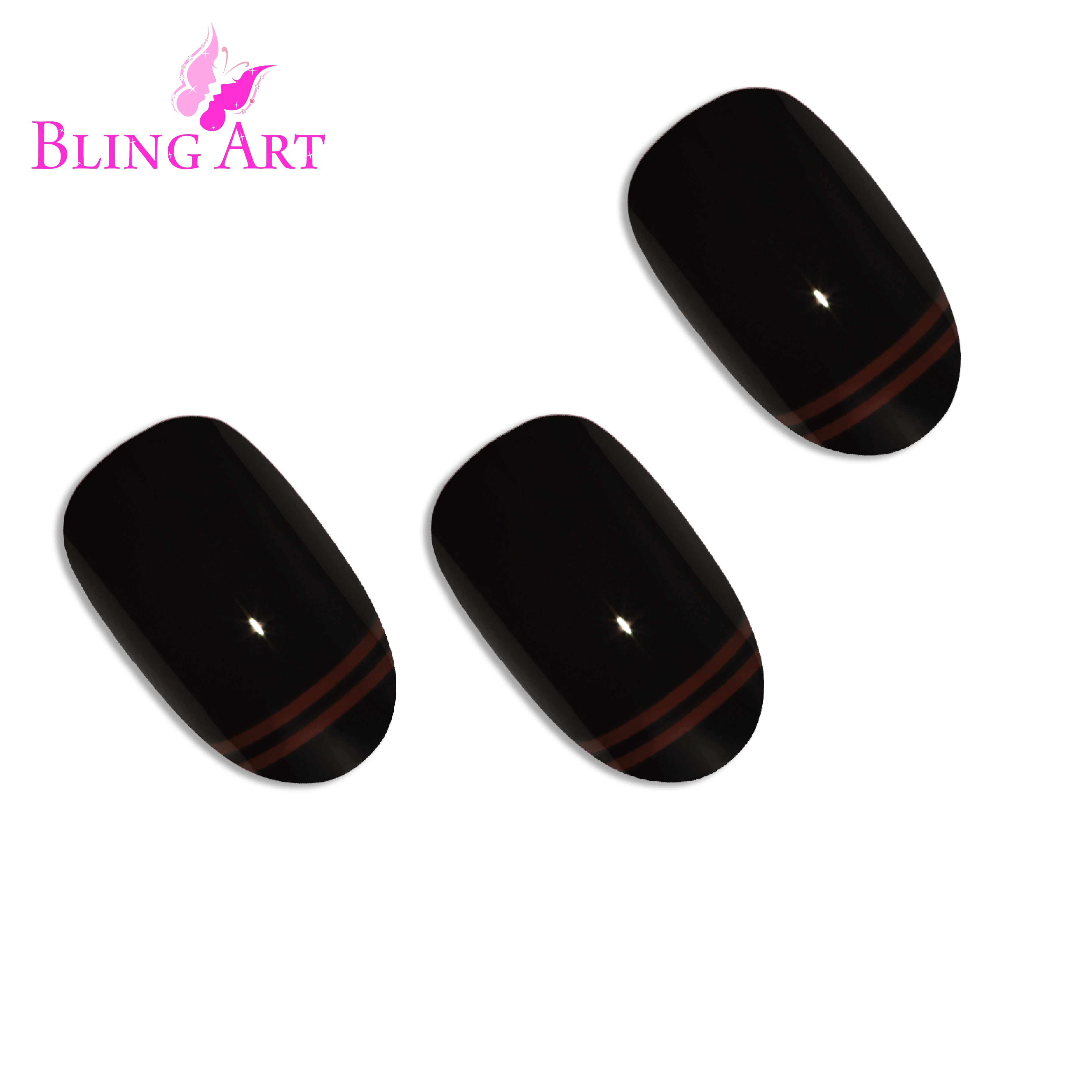 Black Red glossy oval Bling Art press-on nails — worn-hand close-up showing two-tone jet-black and crimson high-shine on oval tips.