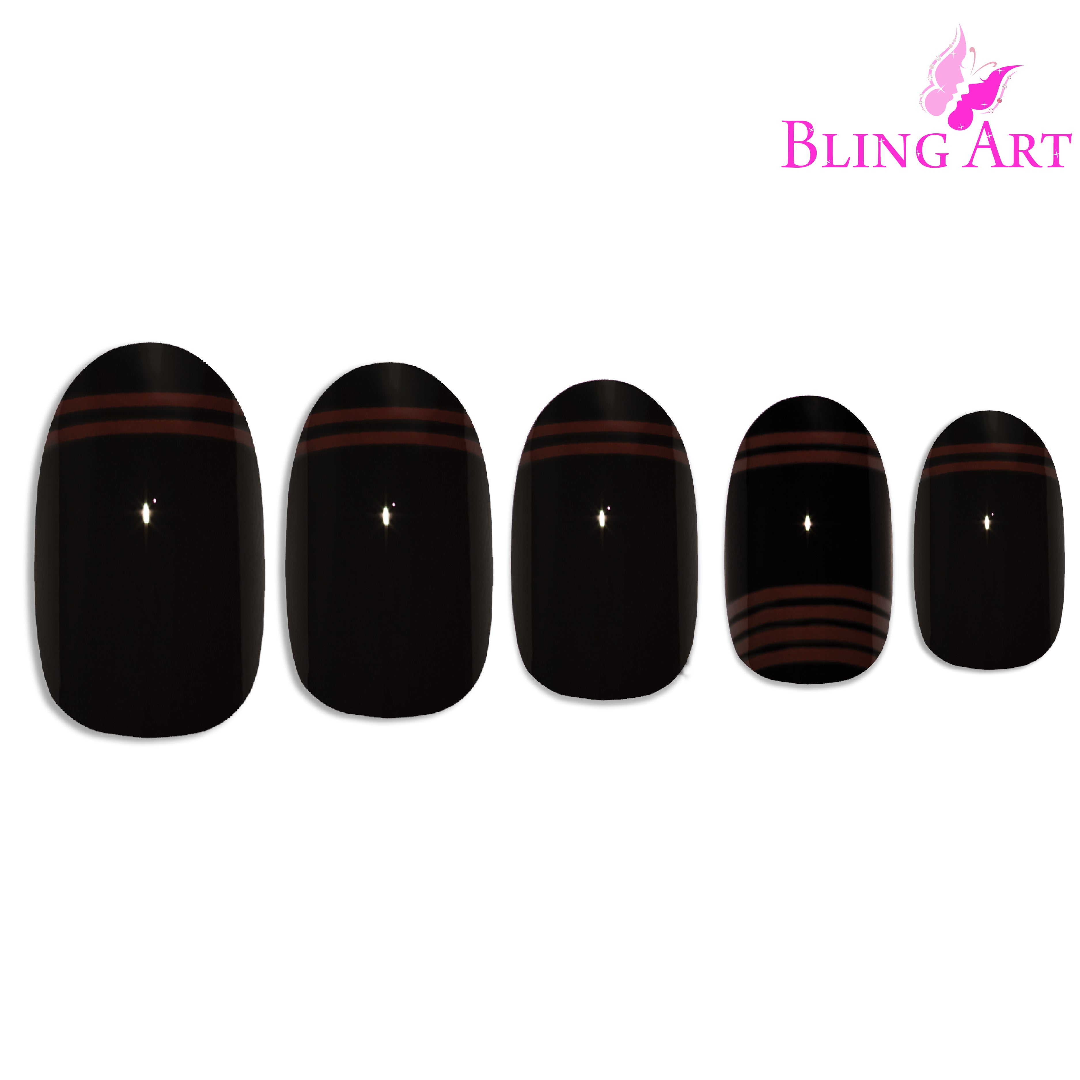 Black Red glossy oval Bling Art press-on nails — alternative angle revealing the two-tone bond line on the oval shape.