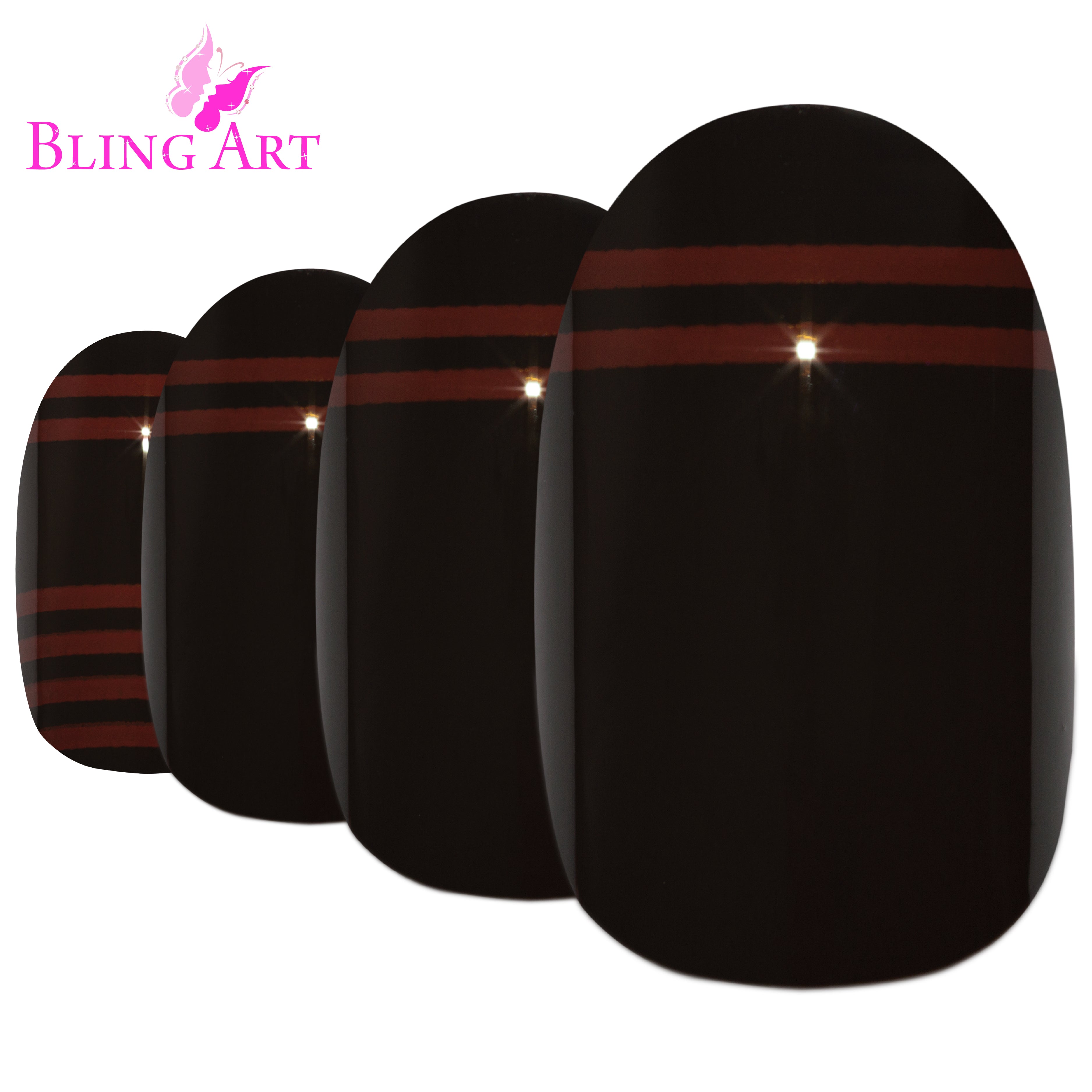 Bling Art Black Red glossy oval press-on nail set packaging — 24 nails, 12 sizes XS-XXL, file and cuticle stick included. Glue not included.