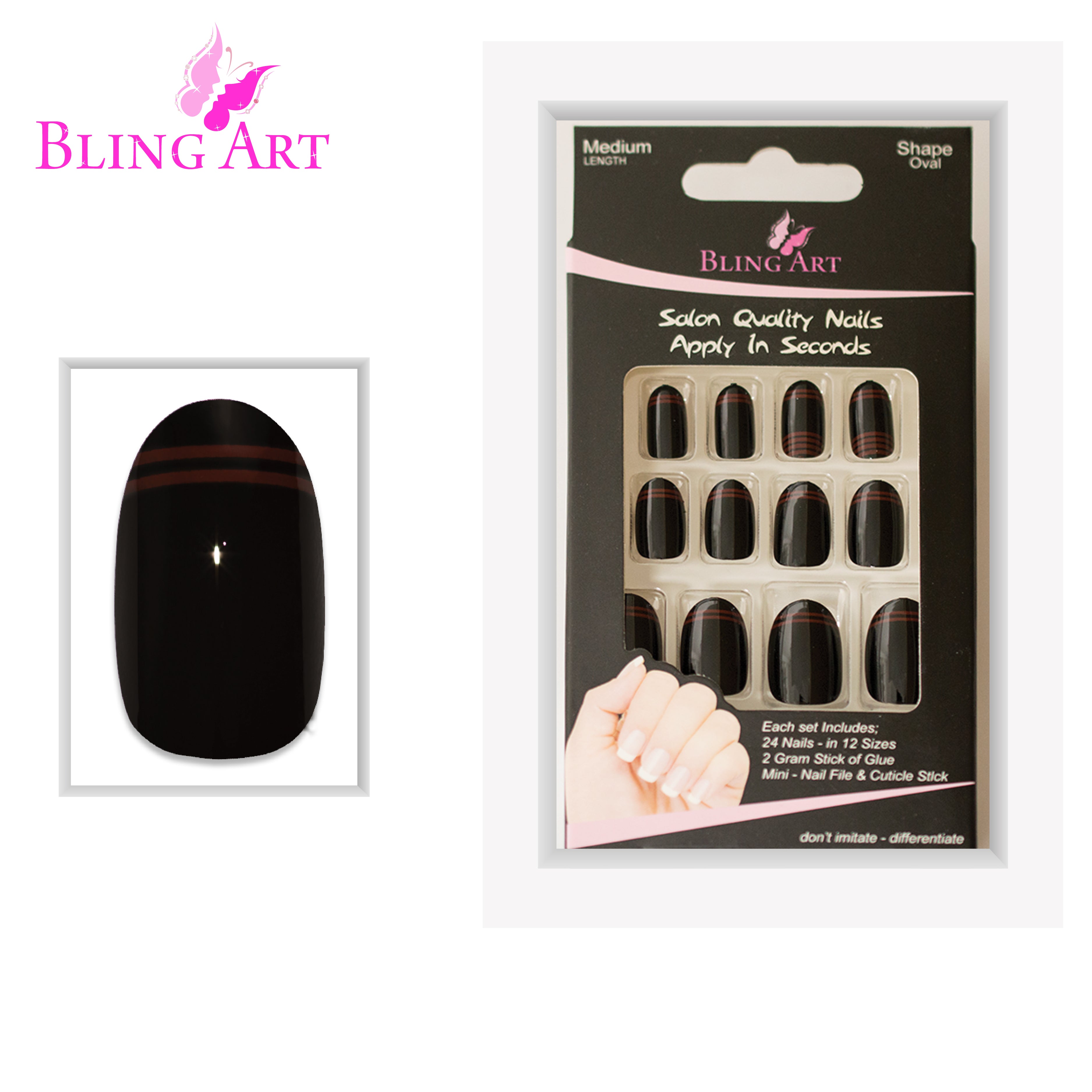 Black Red glossy oval Bling Art press-on nails — full-hand reveal showing all 24 nails across five fingers for parties and date nights.