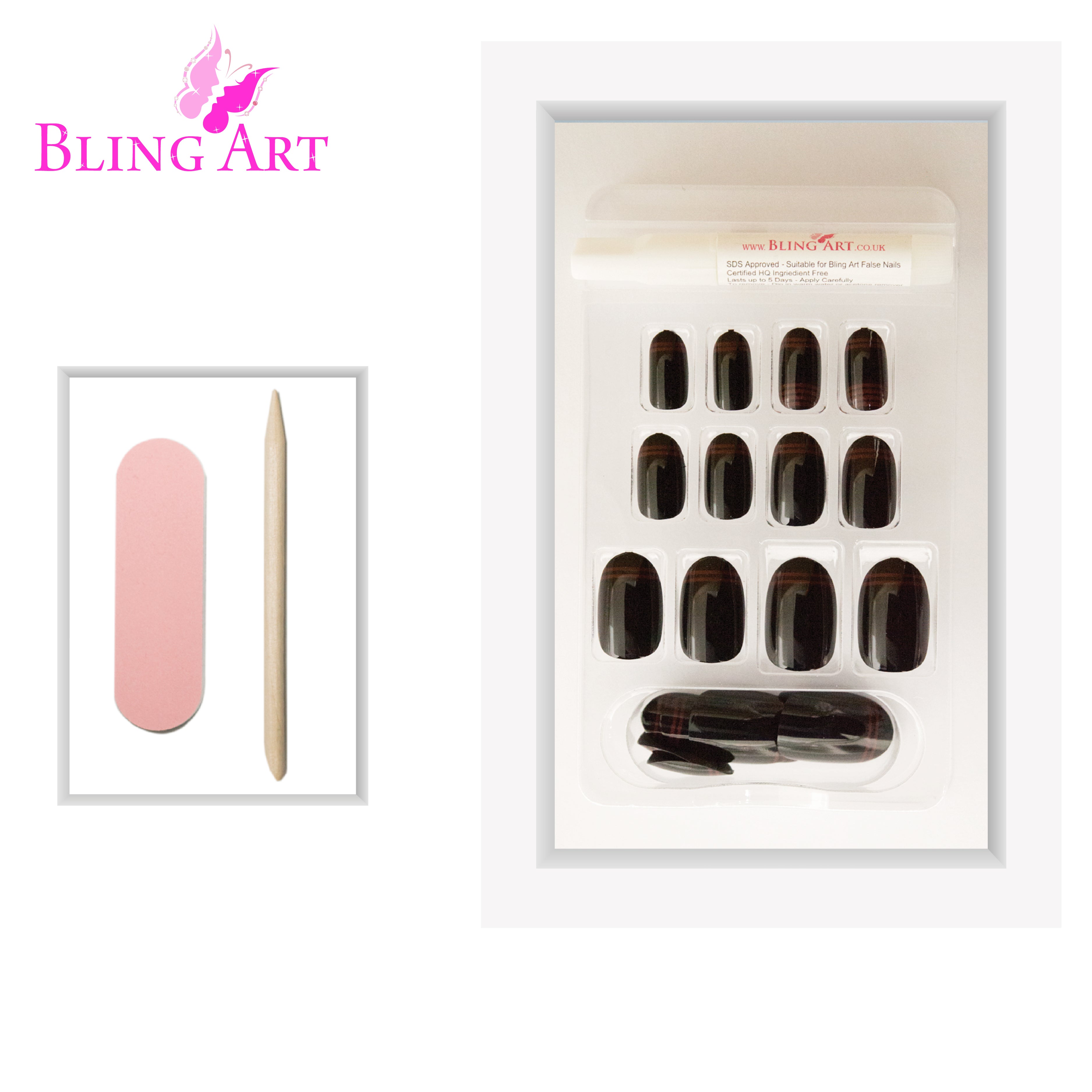 Black Red glossy oval Bling Art press-on nails — lifestyle context shot showing the rock-romantic two-tone statement.