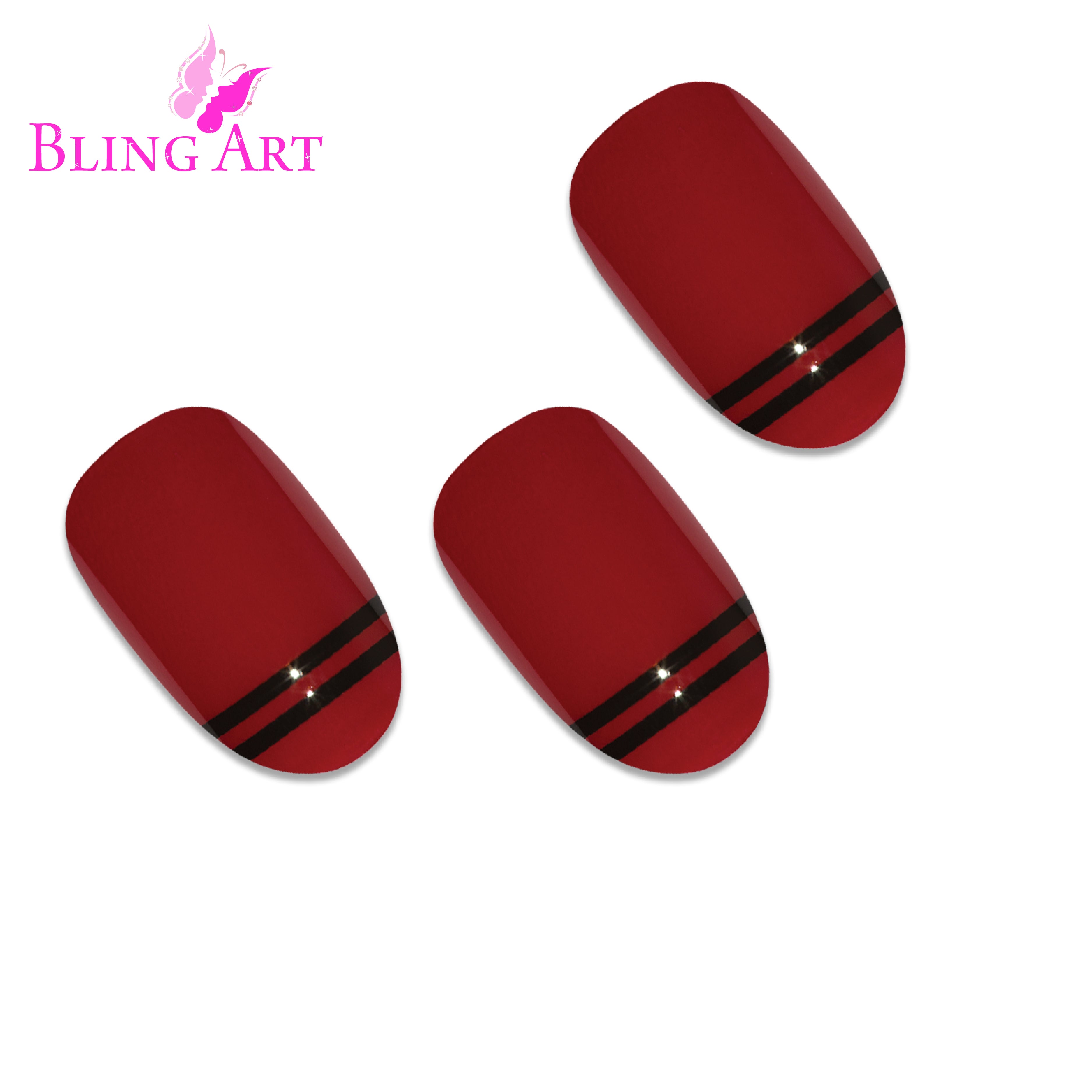 Red Black glossy oval Bling Art press-on nails — worn-hand close-up showing two-tone crimson and jet-black high-shine on oval tips.
